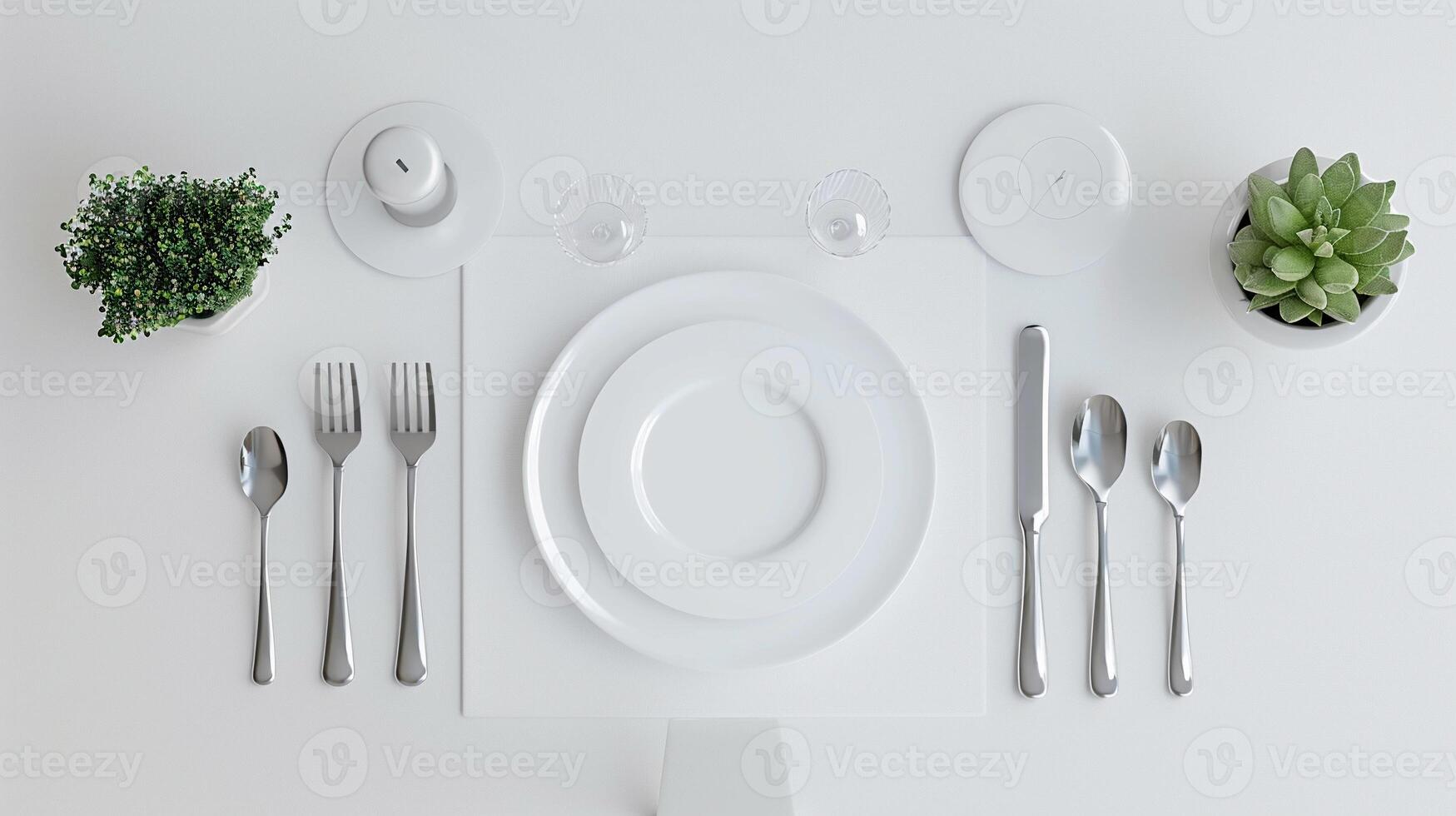 ai genererad minimalistisk dining tabell med elegant servis, minimalistisk bestick, och en enkel mittpunkt, sådan som en små saftig växt eller en minimalistisk ljus hållare, generativ ai foto