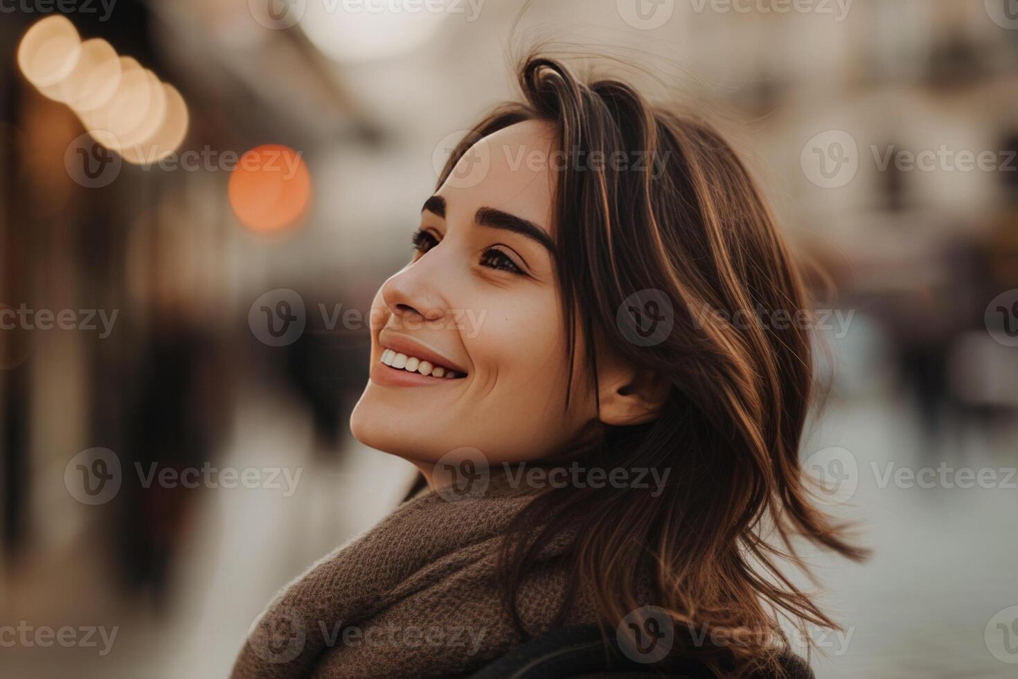 ai genererad porträtt av ett attraktiv brunett kvinna på en dagsljus stad gata foto
