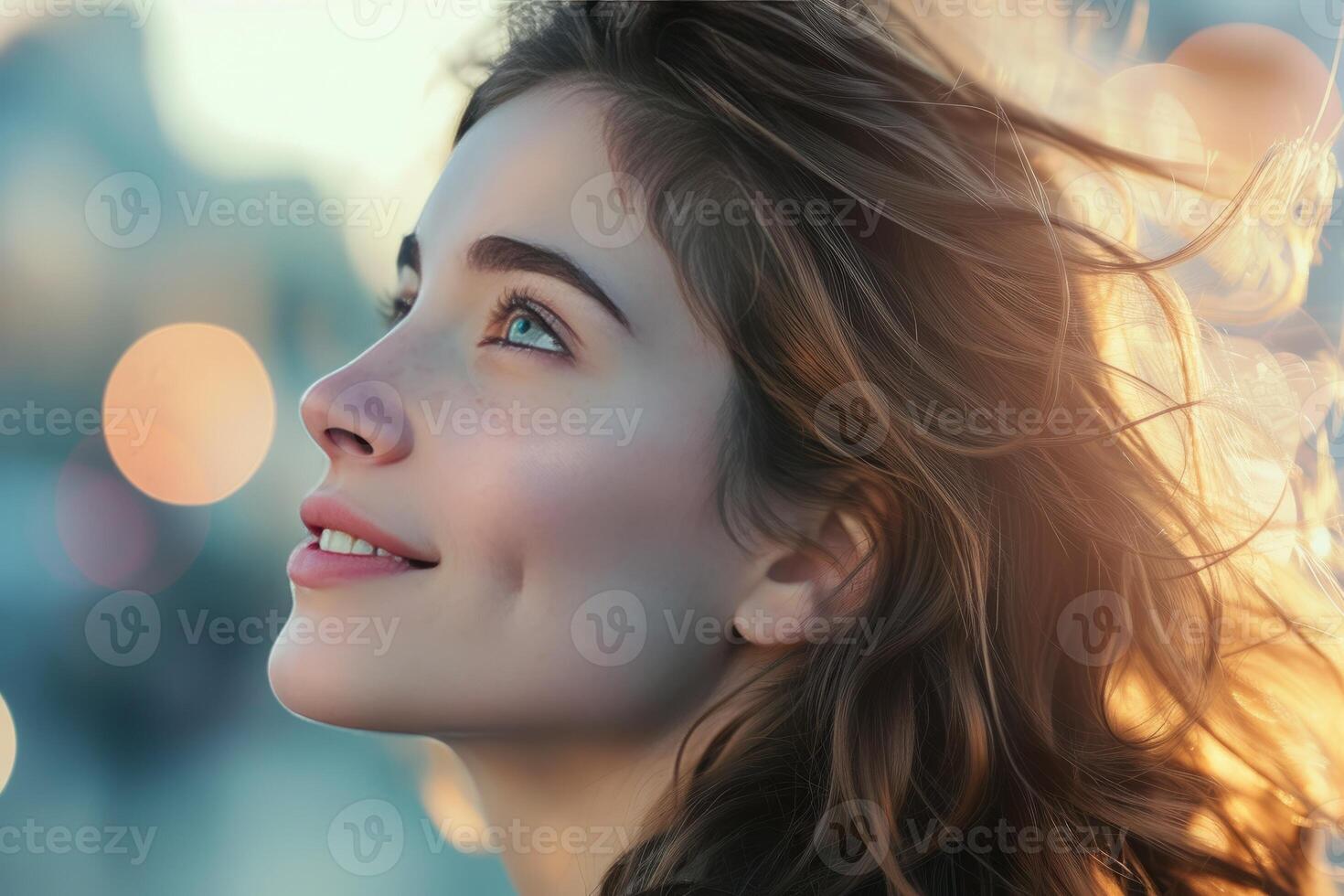 ai genererad porträtt av ett attraktiv brunett kvinna på en dagsljus stad gata foto