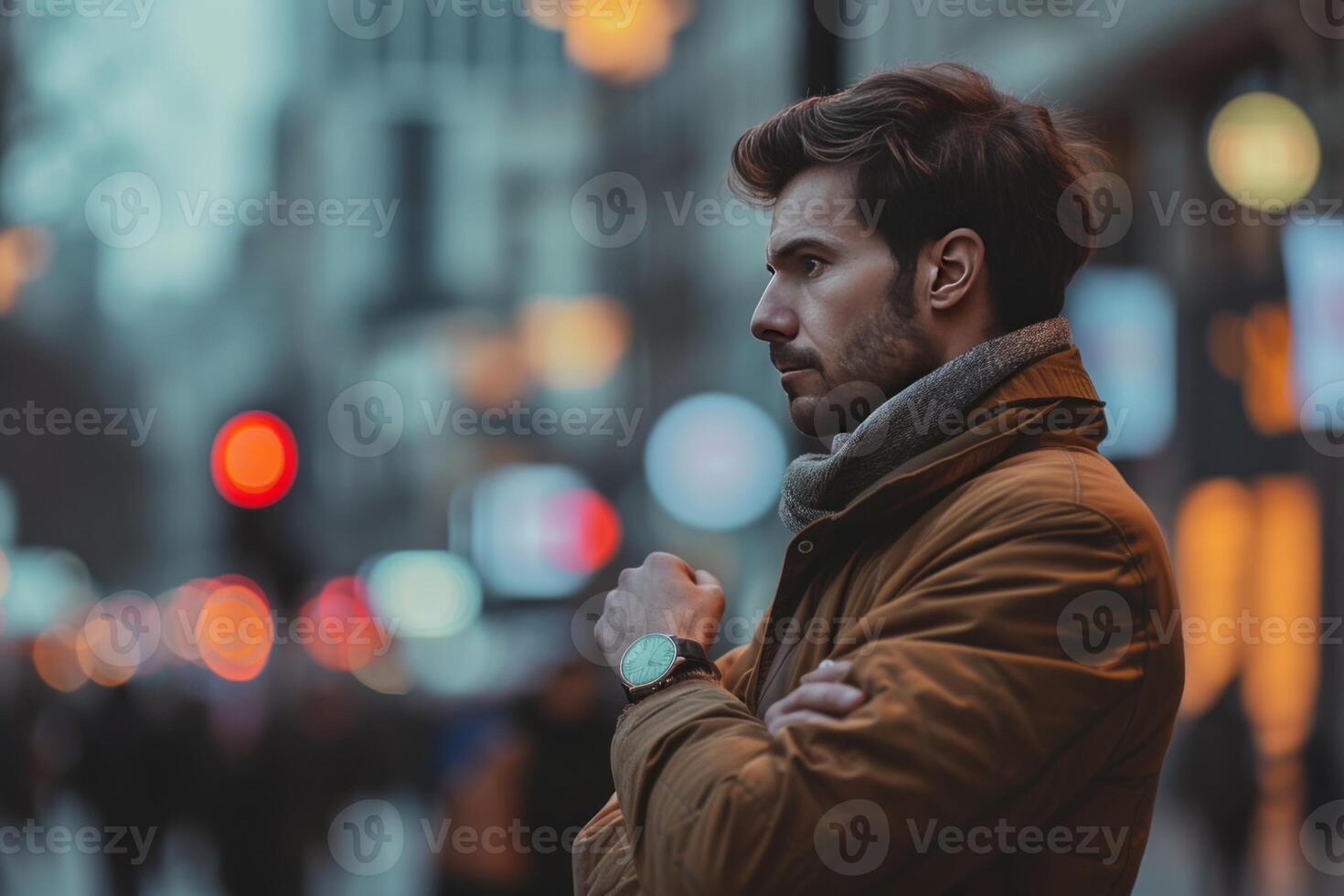 ai genererad utomhus- porträtt i profil av en modern medelålders man på de gata foto