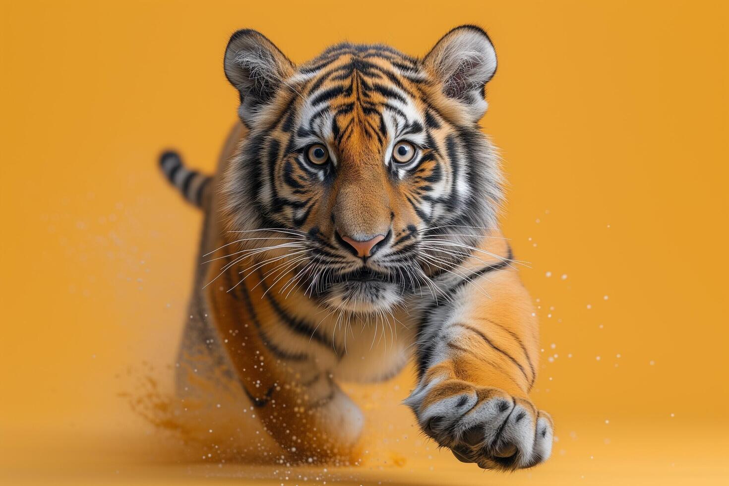 ai genererad en tiger löpning på ett orange bakgrund foto