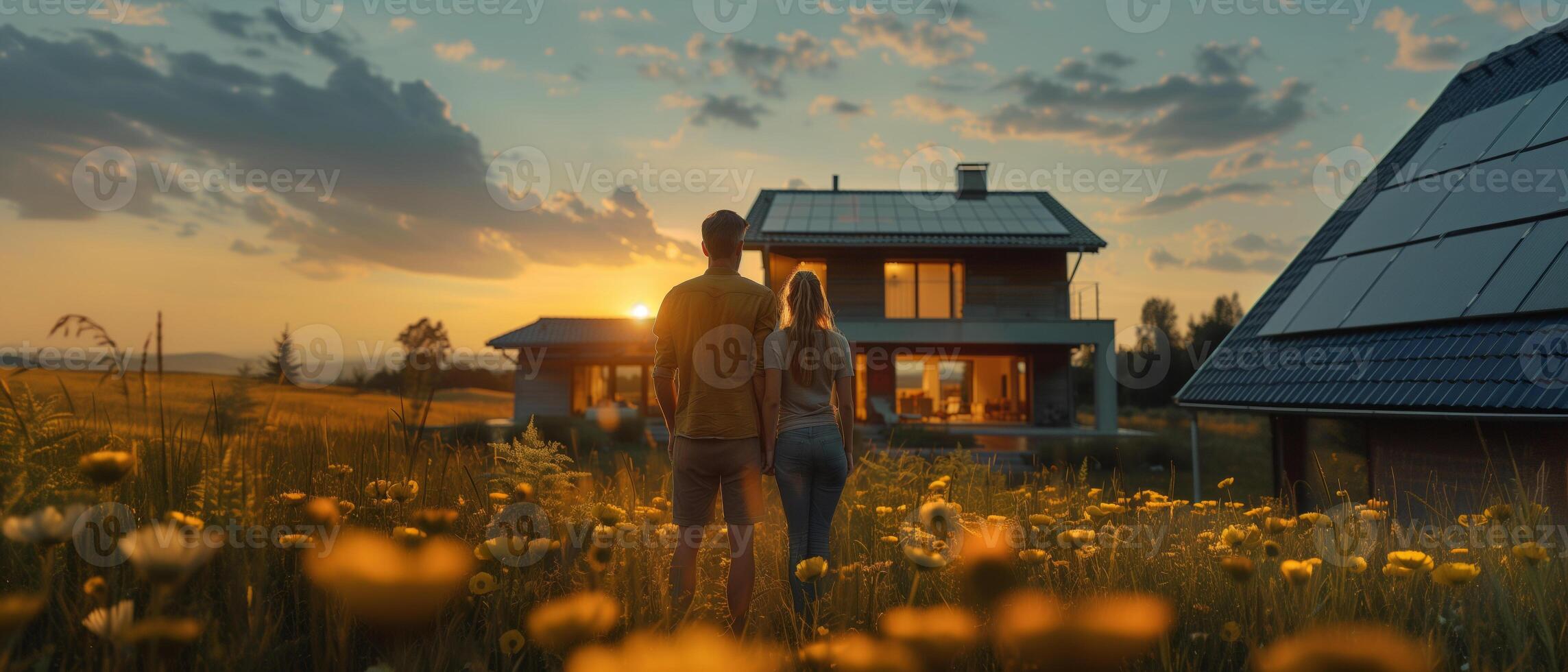 ai genererad en man och en kvinna ser på deras hus med sol- paneler på de tak foto