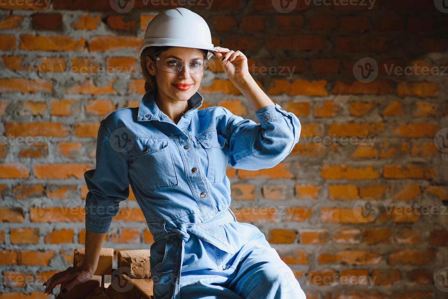 kvinna byggare på arbete på webbplats foto