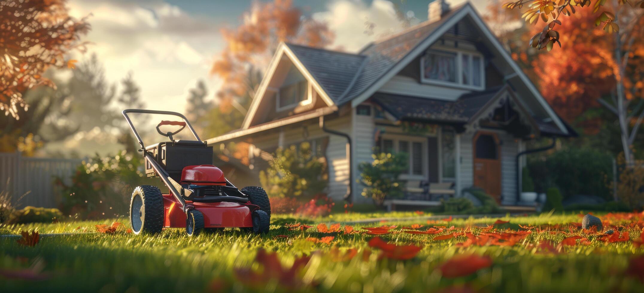 ai genererad en röd gräsmatta gräsklippare i främre av en hus foto
