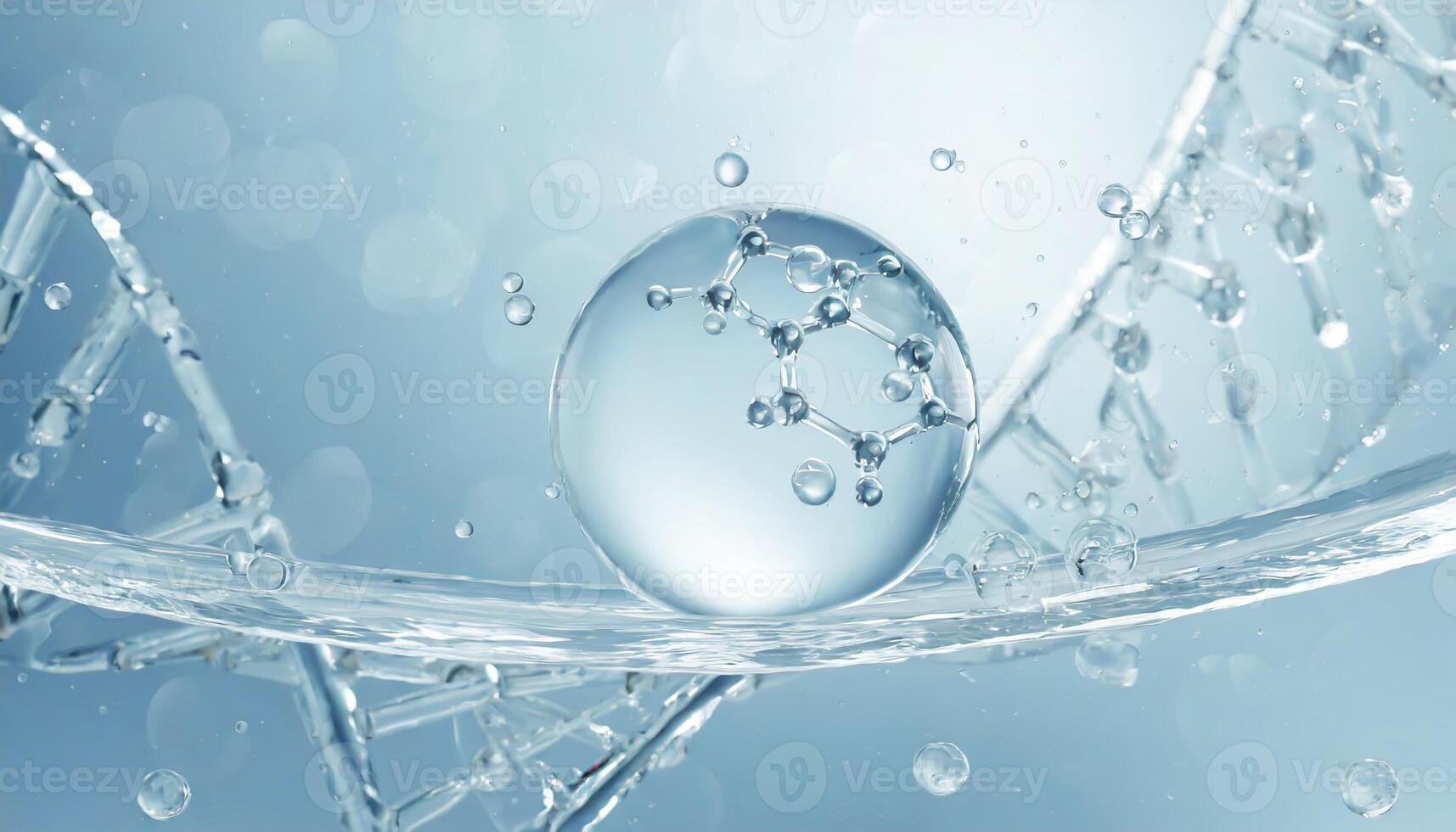 ai genererad flytande bubbla, en molekyl inuti en flytande bubbla mot en bakgrund av stänk vatten dna foto