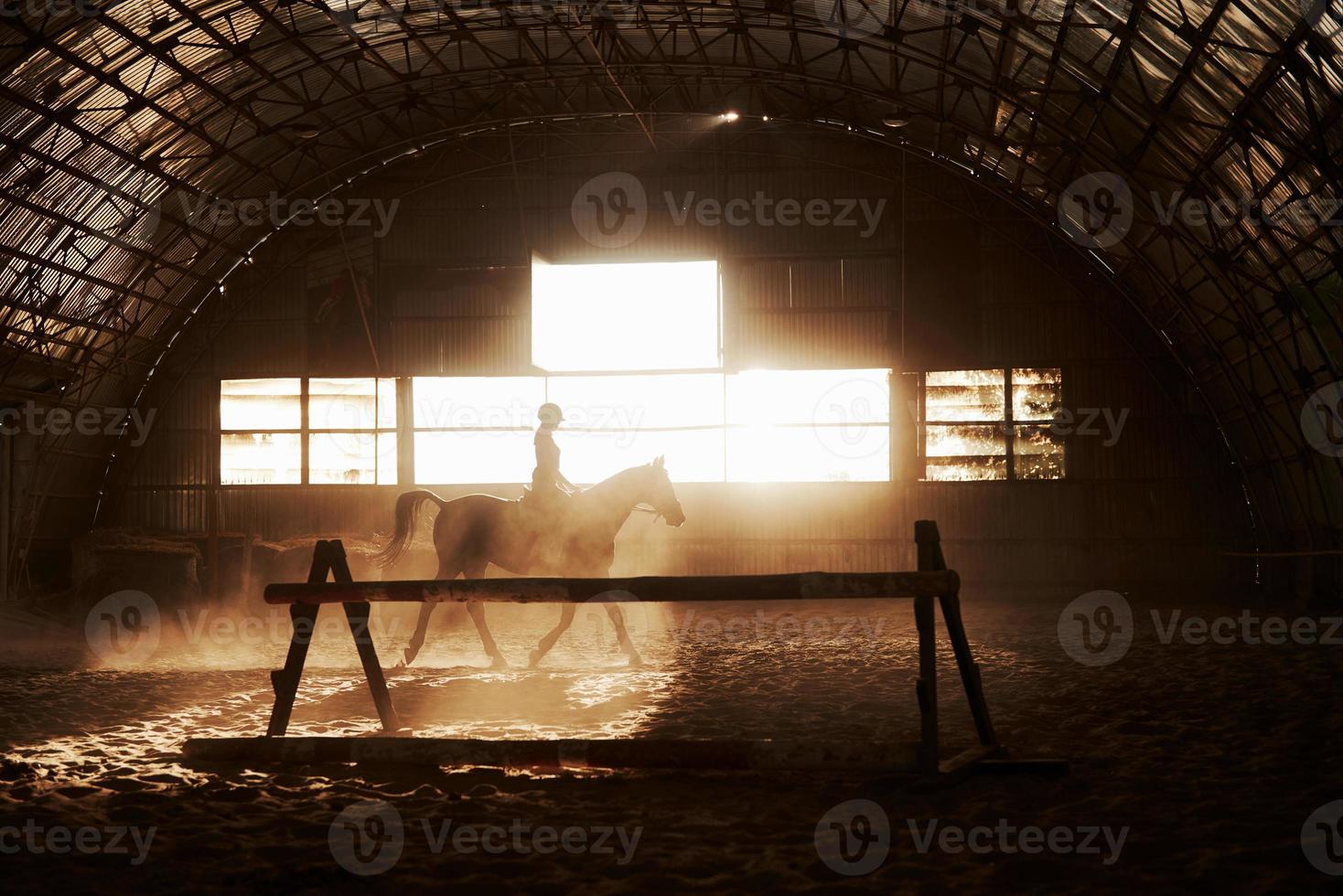 majestätisk bild av häst häst siluett med ryttare på solnedgång bakgrund. flickjockeyn på ryggen av en hingst rider i en hangar på en gård och hoppar över ribban. begreppet ridning foto