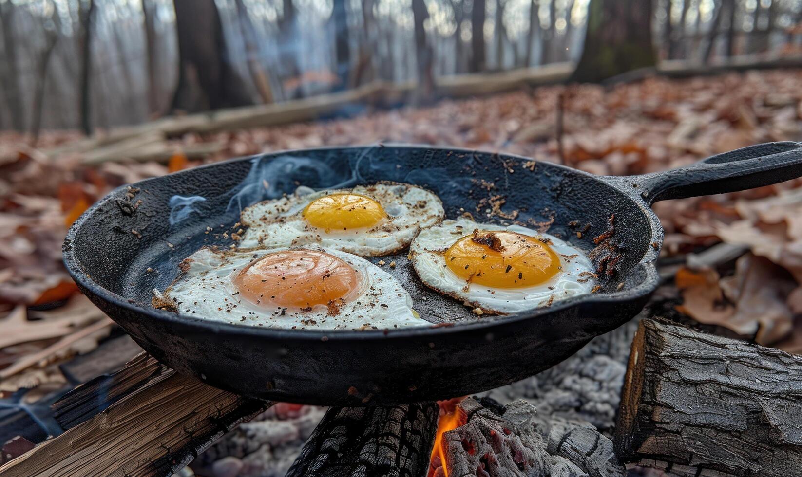 ai genererad ägg friterad i en kasta järn stekpanna över en lägereld foto