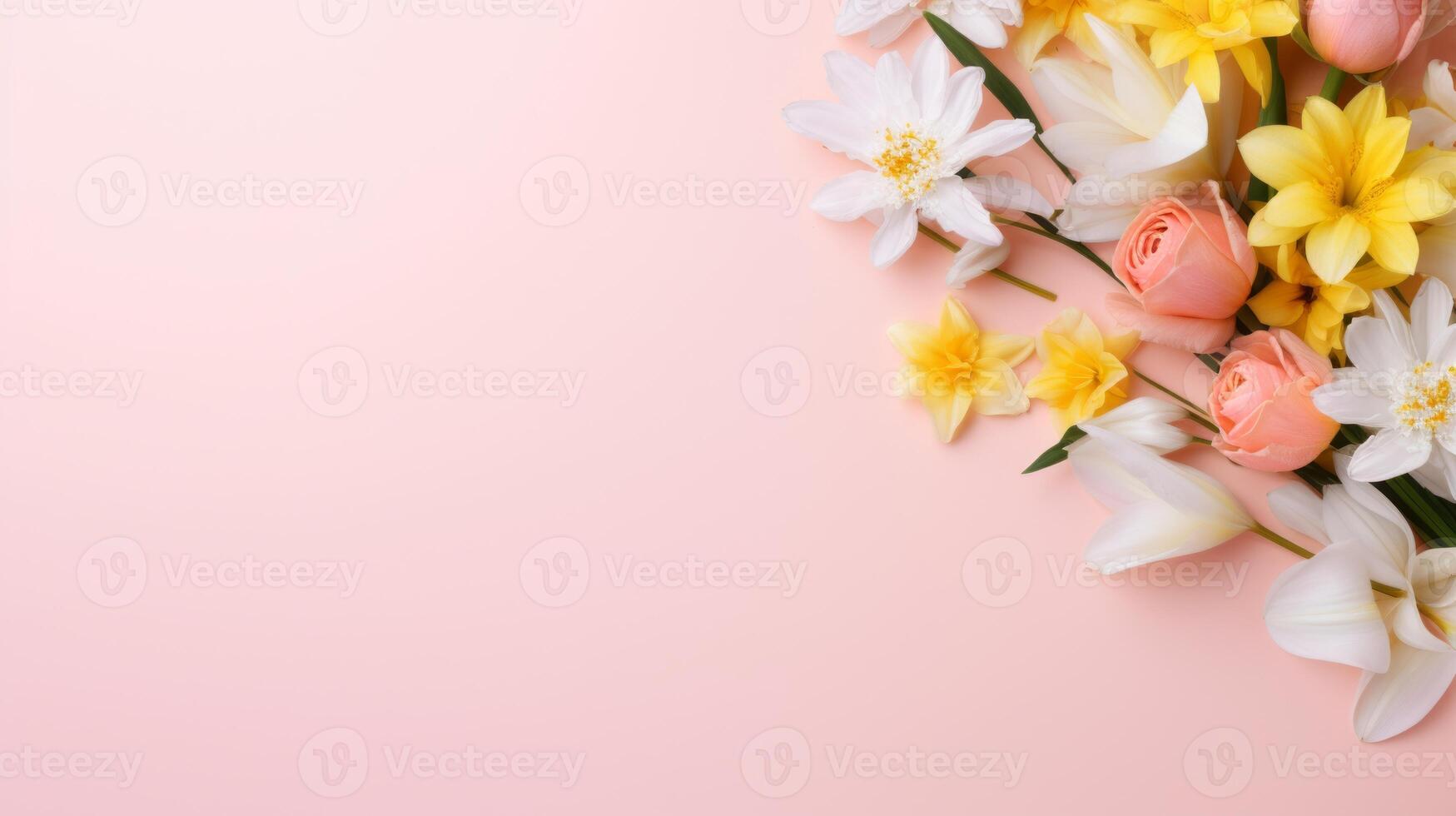 ai genererad Söt vår blommor på pastell bakgrund med kopia Plats för din design. springtime högtider och vår bakgrund begrepp foto