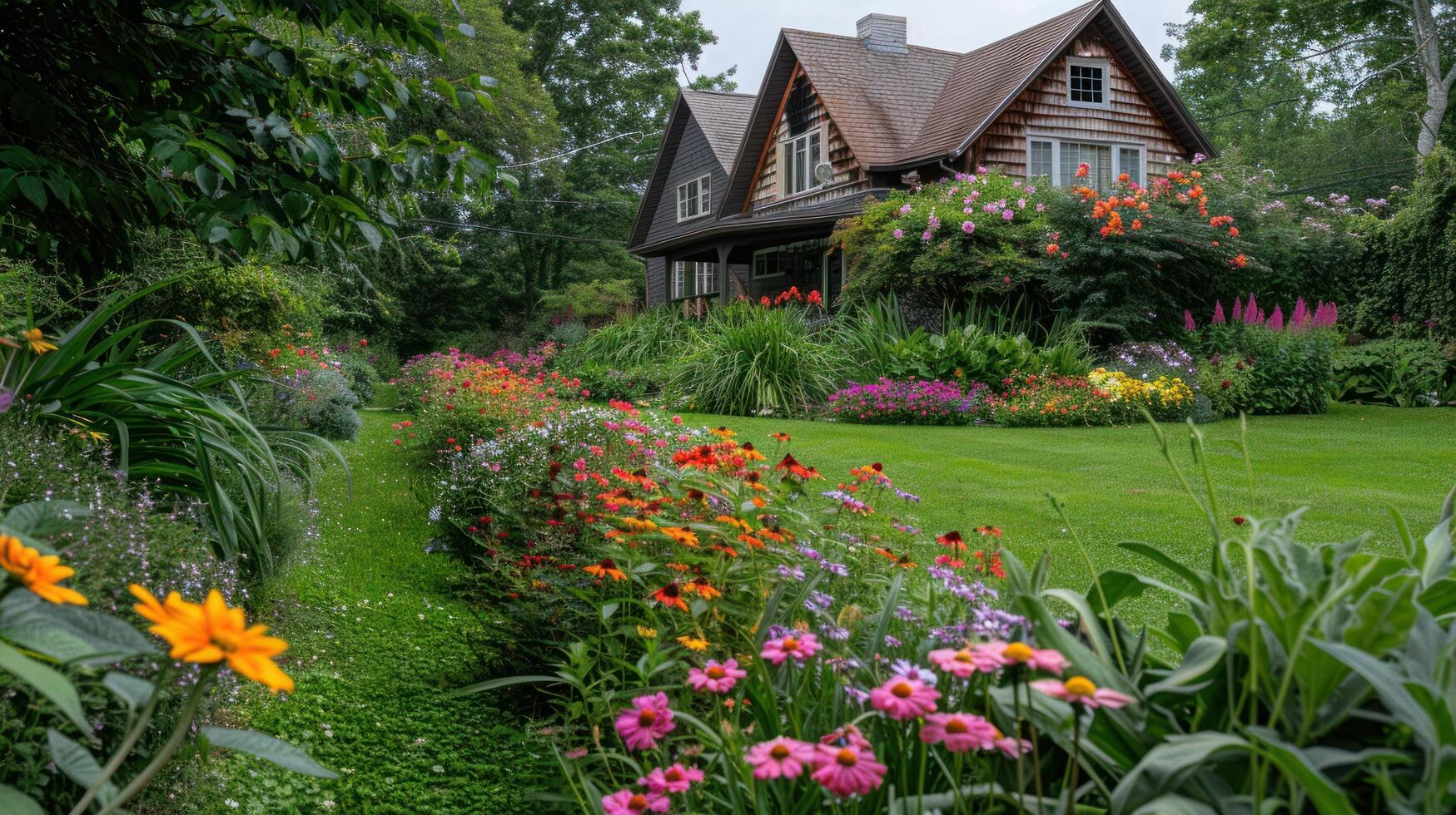ai genererad en vackert upprätthålls hus och trädgård visa upp vibrerande årlig och perenn trädgårdar i full blomma foto