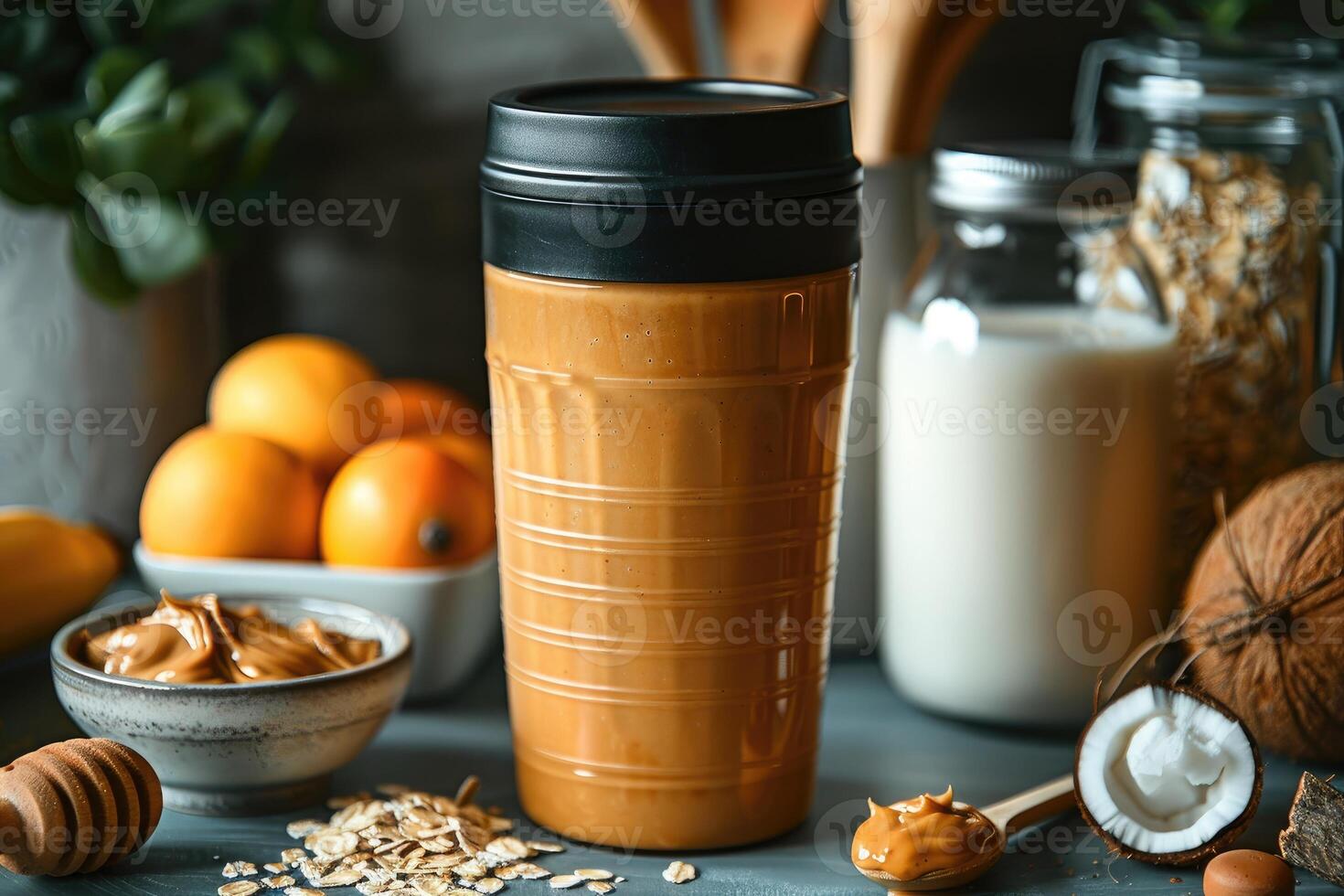 ai genererad en protein skaka fylld med en smoothie professionell reklam mat fotografi foto