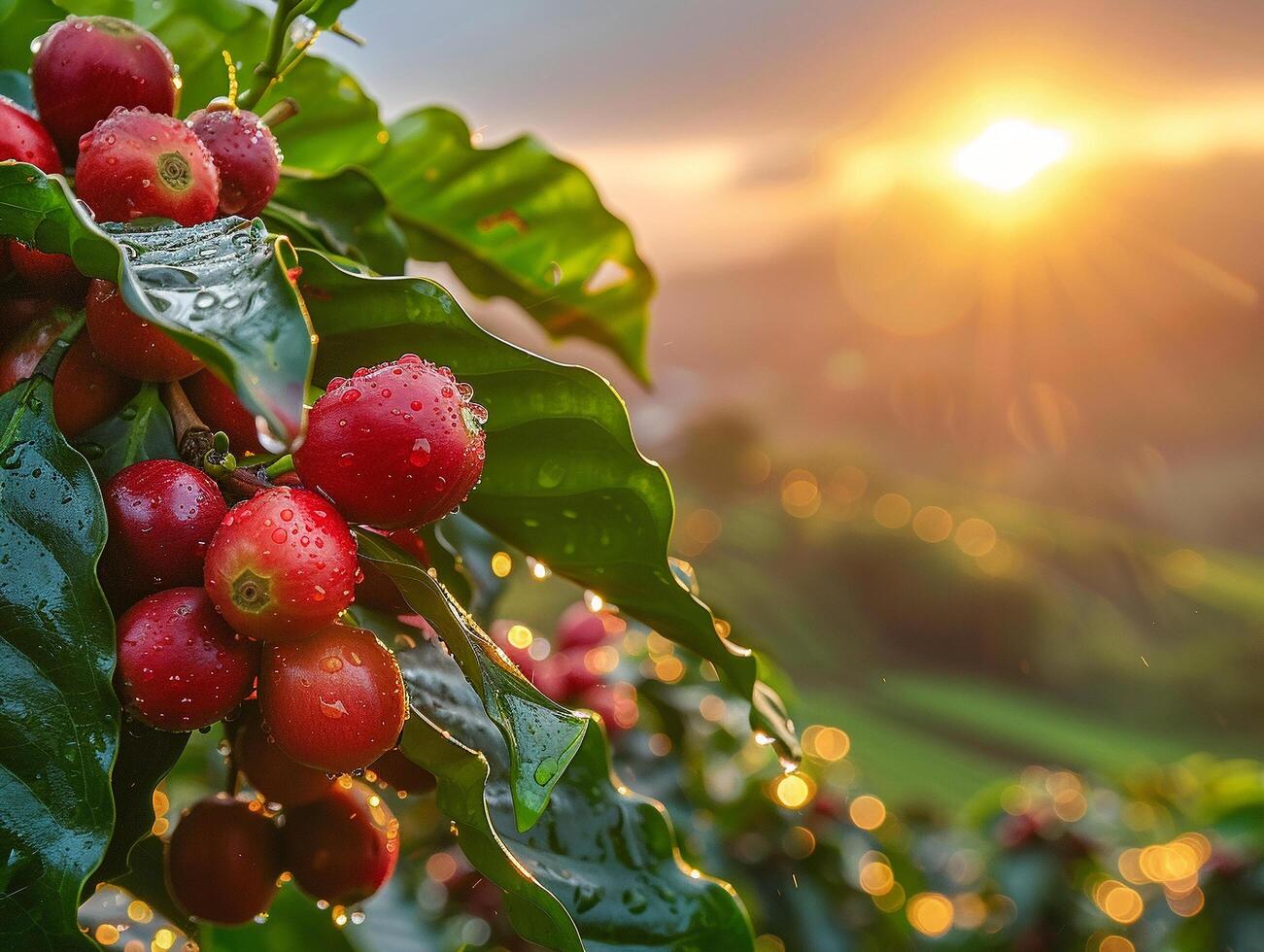 ai genererad mogen röd kaffe körsbär blänkande med daggdroppar på soluppgång, med en skön bokeh effekt highlighting de plantage's morgon- atmosfär foto