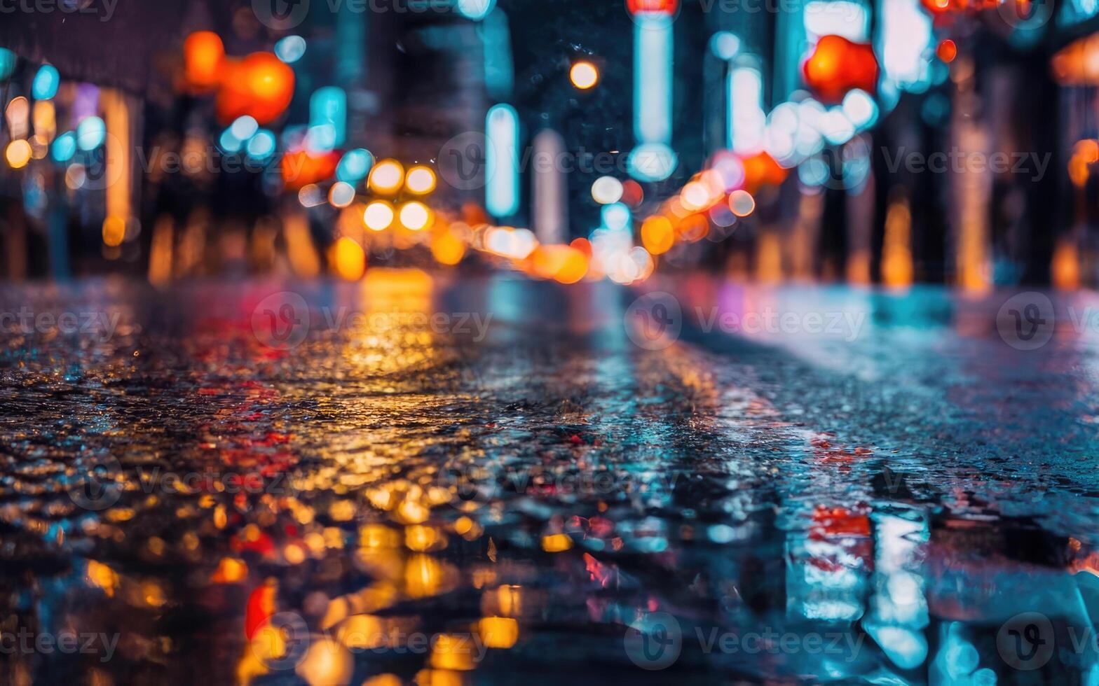 ai genererad stad gata med färgrik lampor reflekterande av våt trottoar på natt. isolerat på svart bakgrund. foto