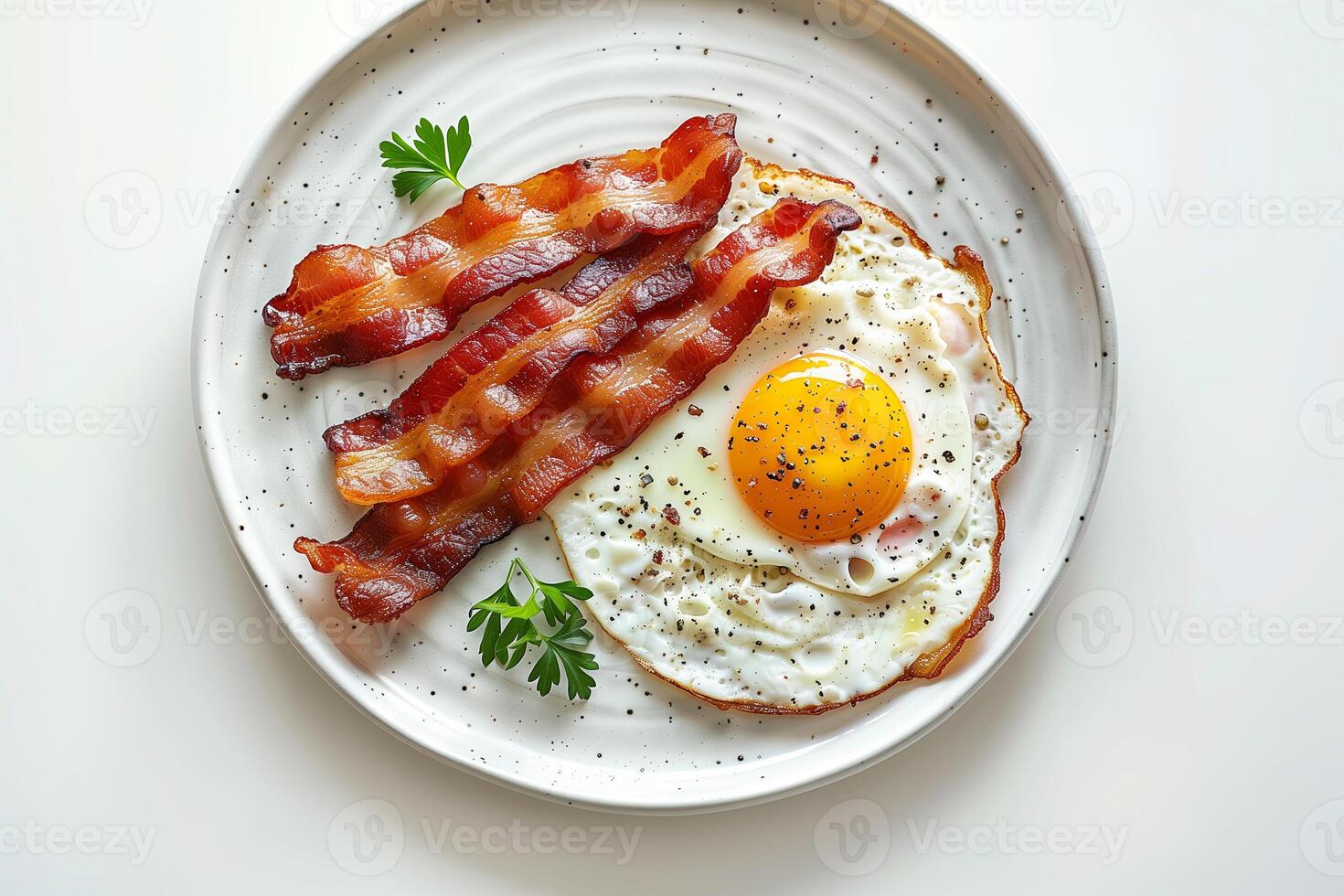 ai genererad friterad ägg och bacon på en tallrik på en vit bakgrund topp se foto