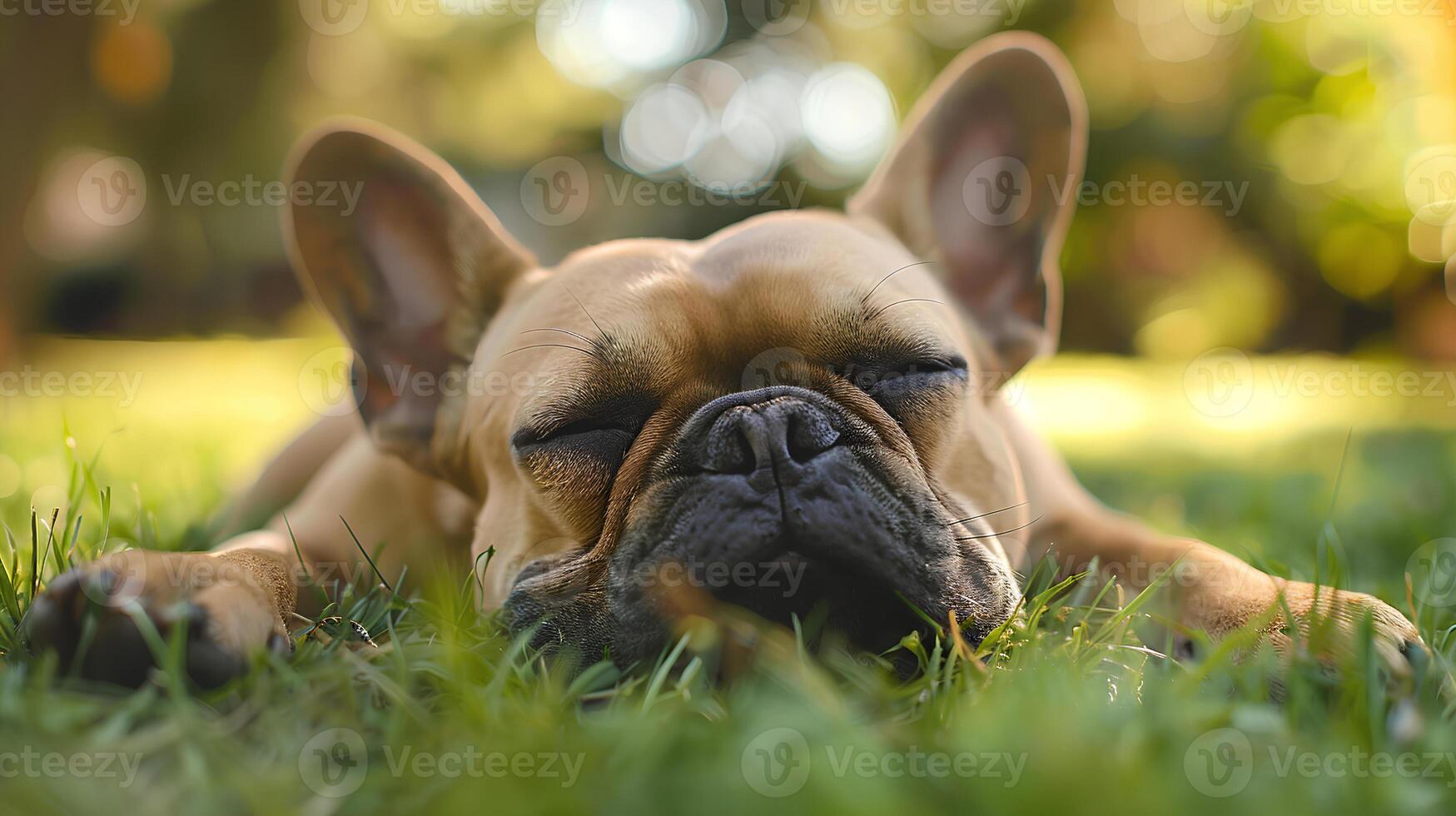 ai genererad leende ansikte söt härlig franska bulldogg liggande på de gräs i en sommar parkera, rolig härlig sällskapsdjur hund, hund på de bakgrund av natur. foto