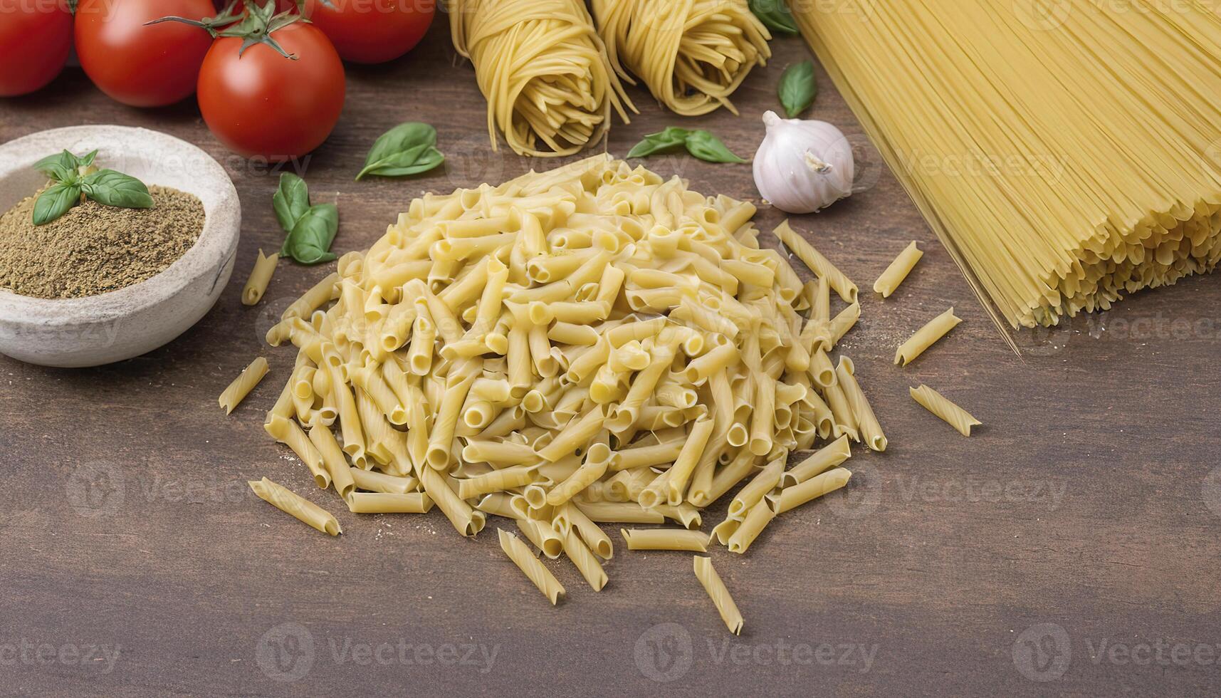 ai genererad torr pasta spaghetti med ingrediens foto
