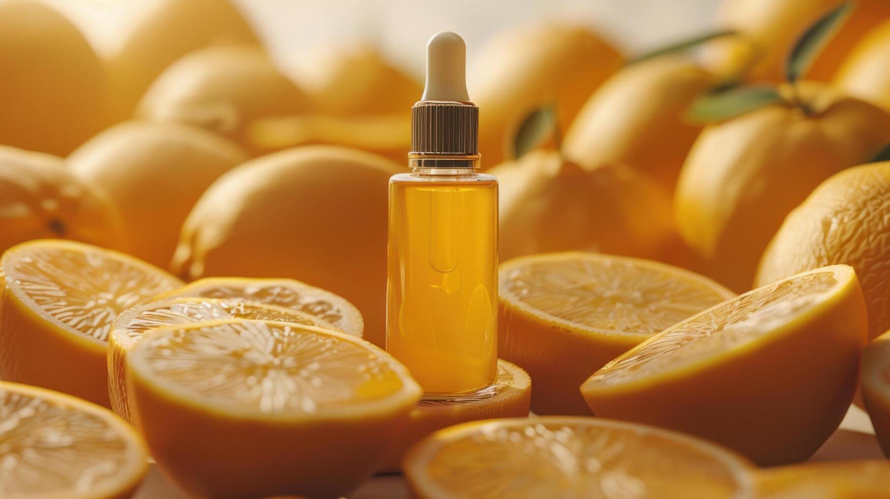 ai genererad citrus- grundläggande olja, vitamin c anti-åldring serum, skönhet vård, eller aromaterapi foto