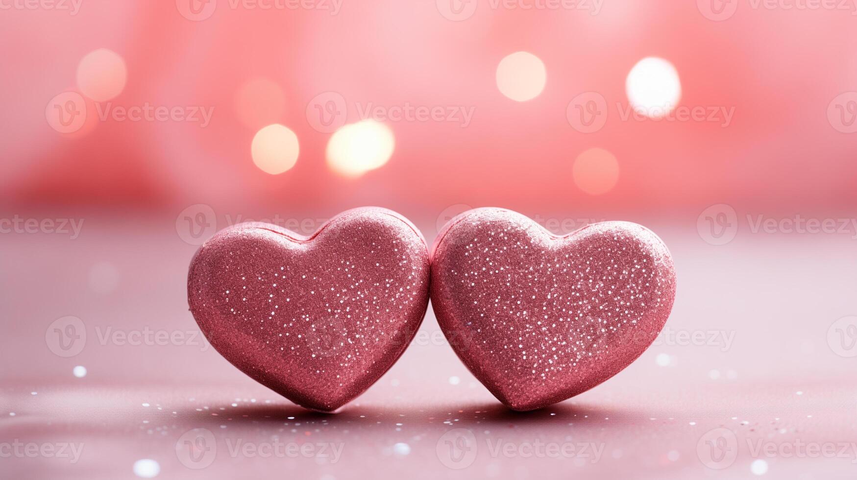 ai genererad två rosa hjärtan på en rosa bakgrund med gnistrar. hjärtans dag bakgrund foto