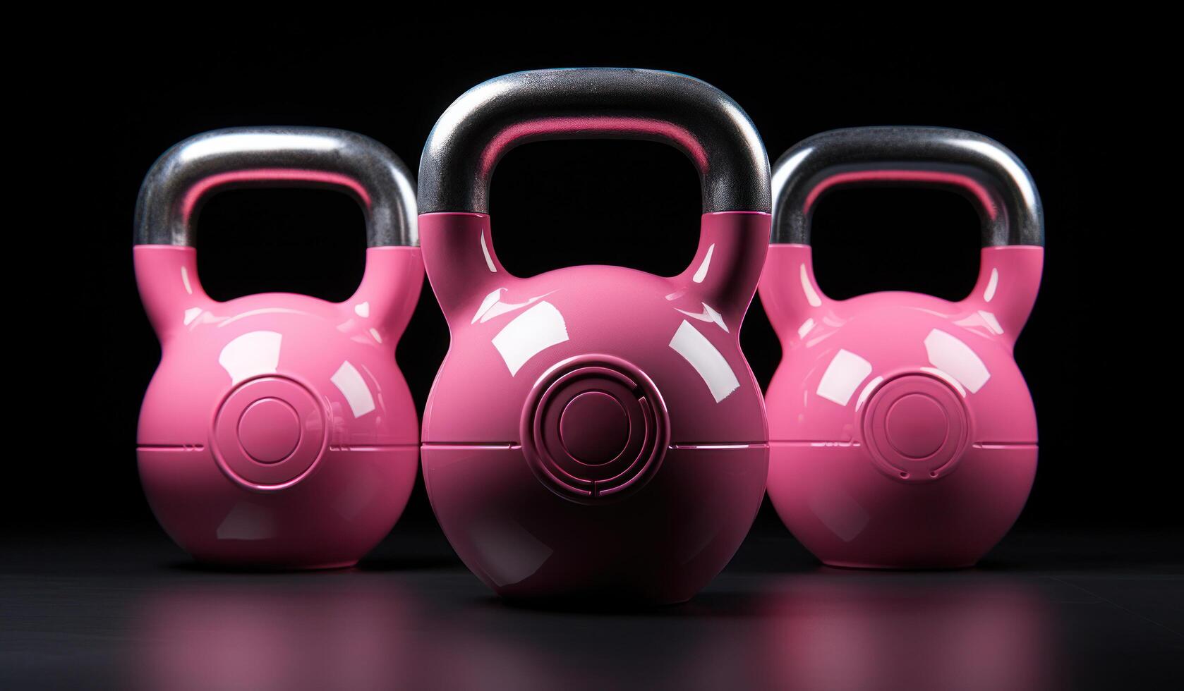 ai genererad tre rosa kettlebells på svart bakgrund foto