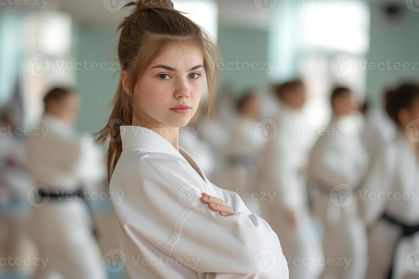 ai genererad porträtt av flicka i traditionell kläder Träning erfaren karate kämpe klubb krigisk konst i de Träning rum med de deltagarna i de bakgrund foto