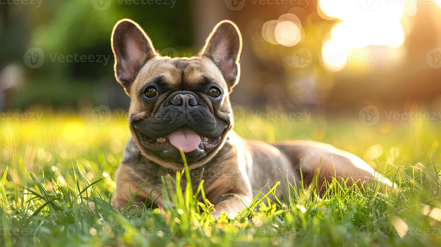 ai genererad leende ansikte söt härlig franska bulldogg liggande på de gräs i en sommar parkera, rolig härlig sällskapsdjur hund, hund på de bakgrund av natur. foto