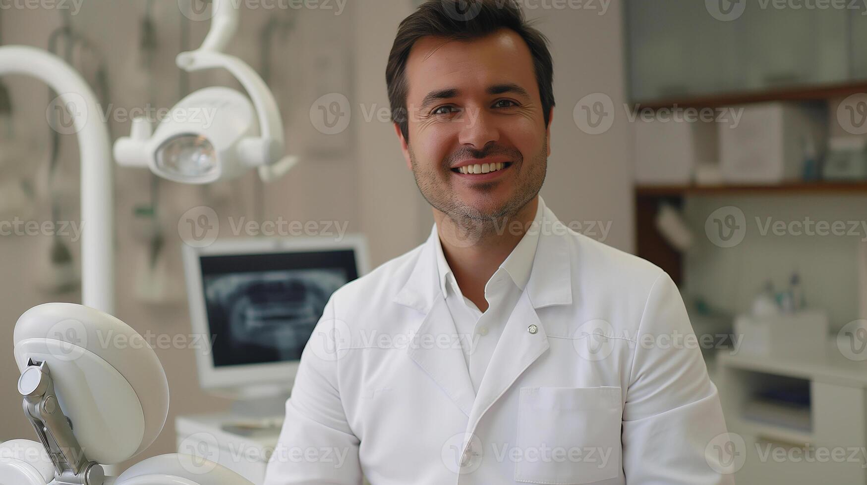 ai genererad porträtt av en smilling stilig självsäker manlig läkare i en dental klinik kontor, Plats för text. foto