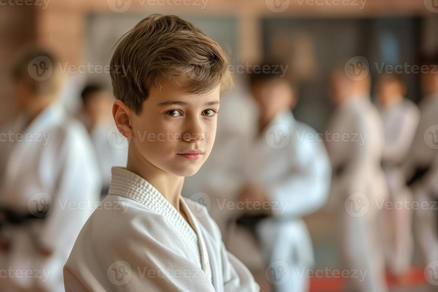 ai genererad porträtt av pojke i traditionell kläder Träning erfaren karate kämpe klubb krigisk konst i de Träning rum med de deltagarna i de bakgrund foto