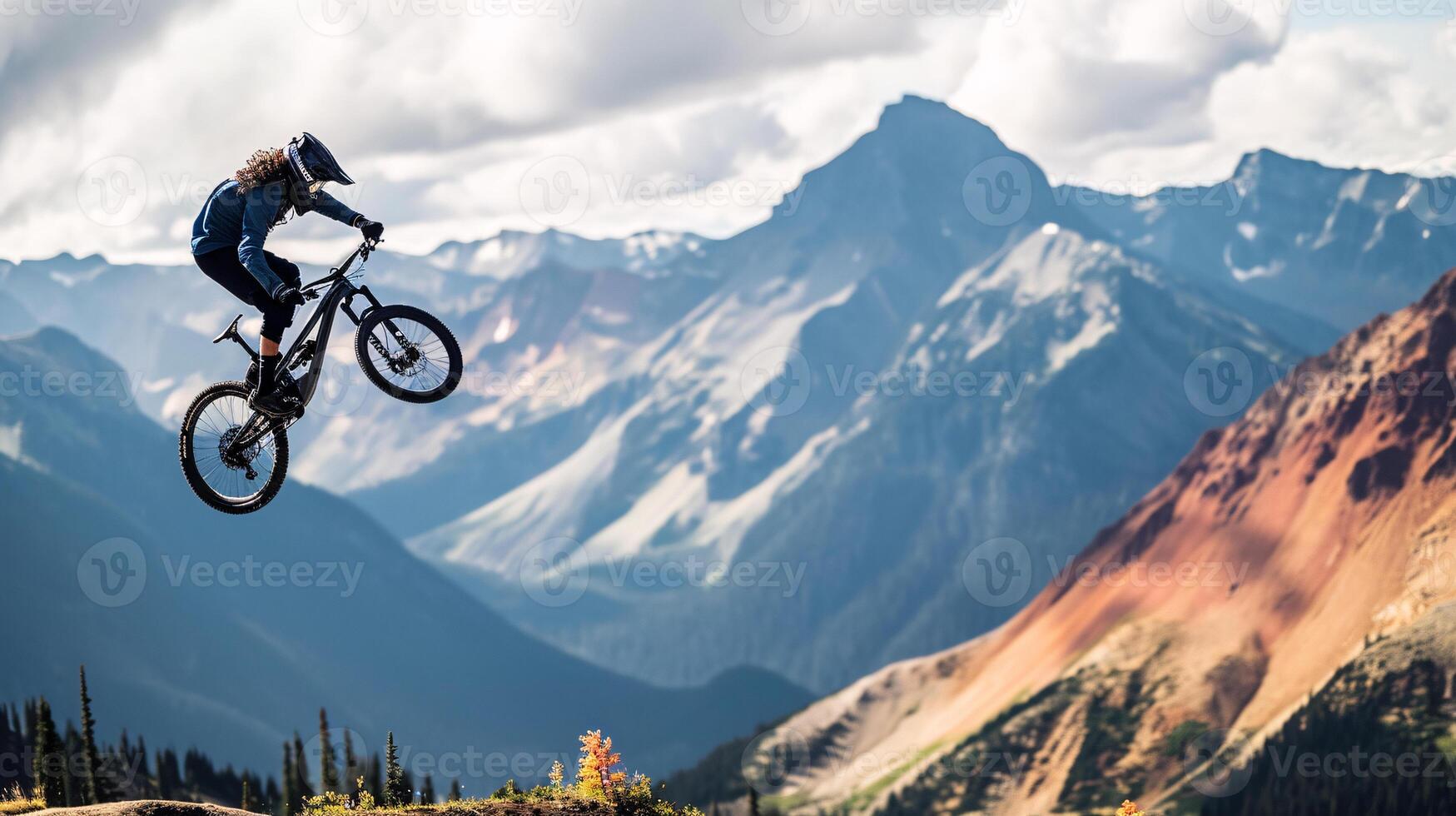 ai genererad en berg cyklist stigande genom de luft mot en hisnande bergig bakgrund foto