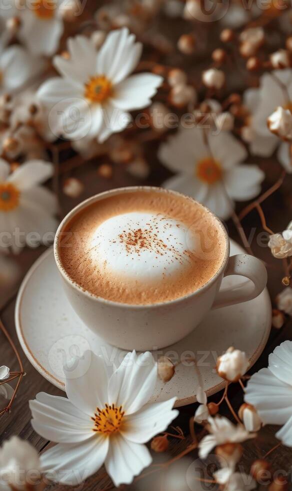 ai genererad kopp av cappuccino med skön blommor foto