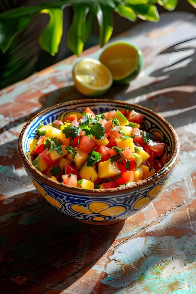 ai genererad färgrik skål med mango salsa foto