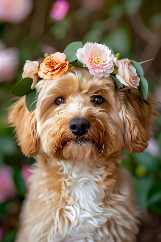 ai genererad blomma krönt hund med rosa accenter foto