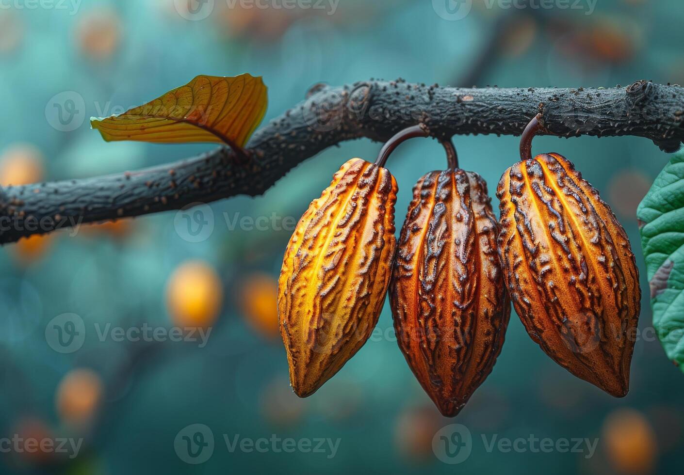 ai genererad kakao frukt hängande på träd detta är de frön av kakao foto