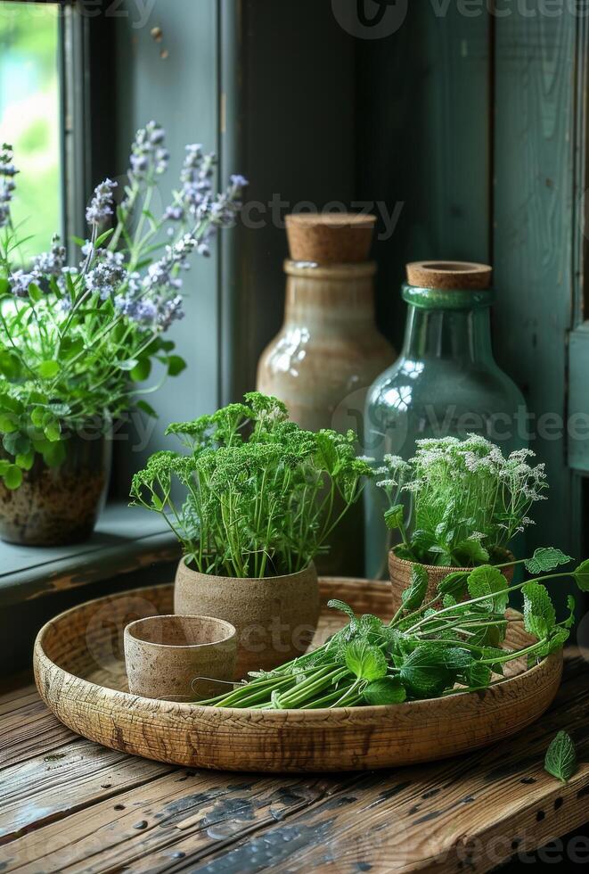 ai genererad örter och blommor i keramisk kastruller och flaskor på trä- tabell foto