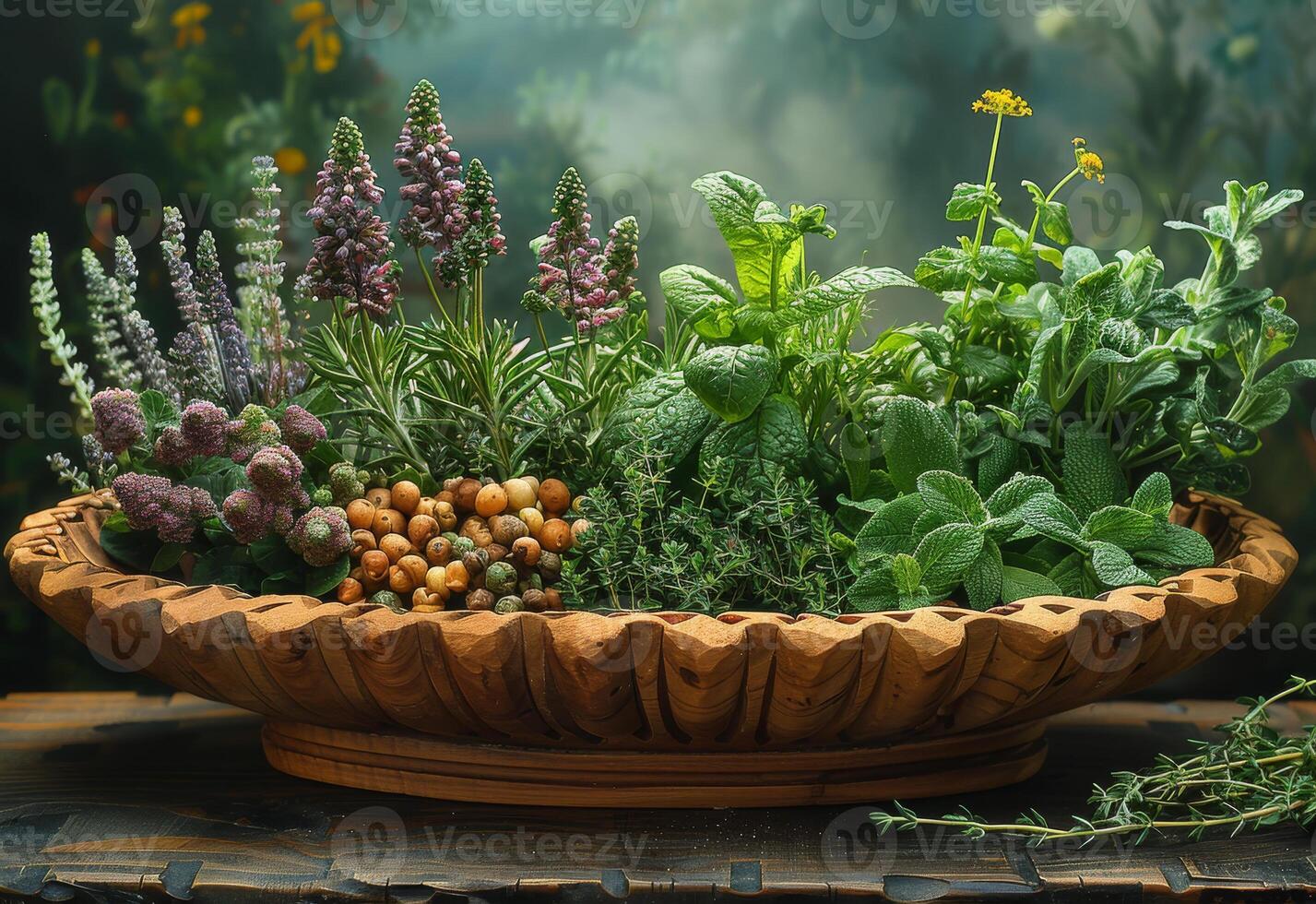 ai genererad trä- skål fylld med färsk örter och blommor foto