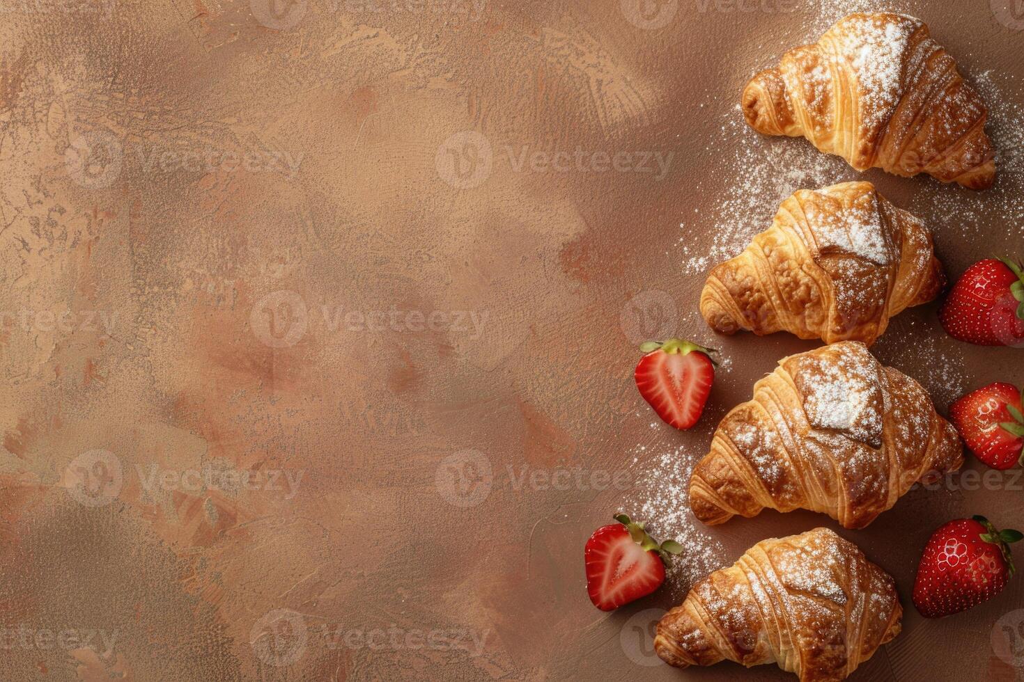 ai genererad croissanter med jordgubbar stänkte med pulveriserad socker på en beige texturerad bakgrund med kopia Plats. hemlagad bakning foto