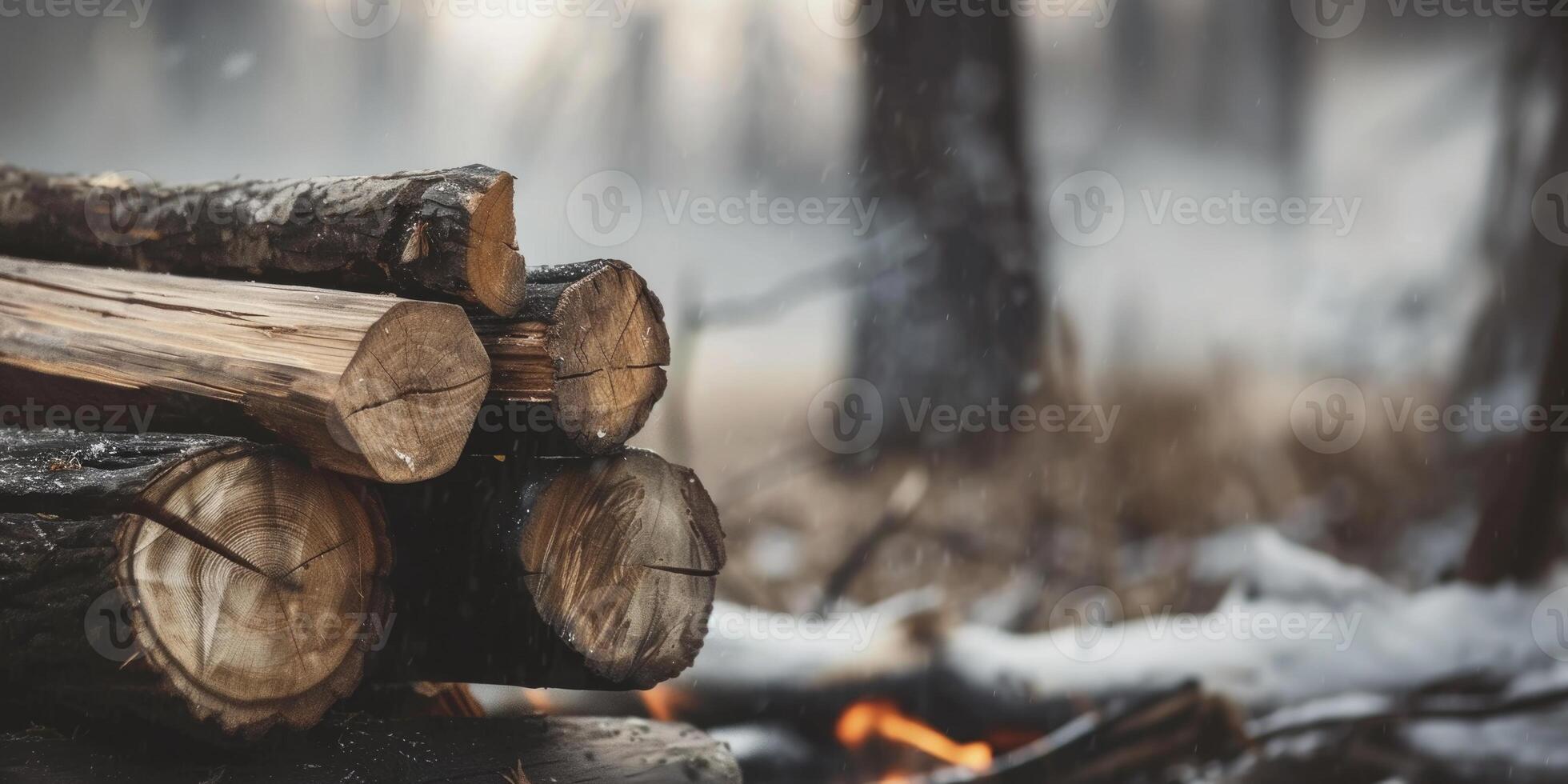 ai genererad ved mot de bakgrund av en skog och en eld. logga trunkar högar, skogsavverkning, trä bearbetning industri foto