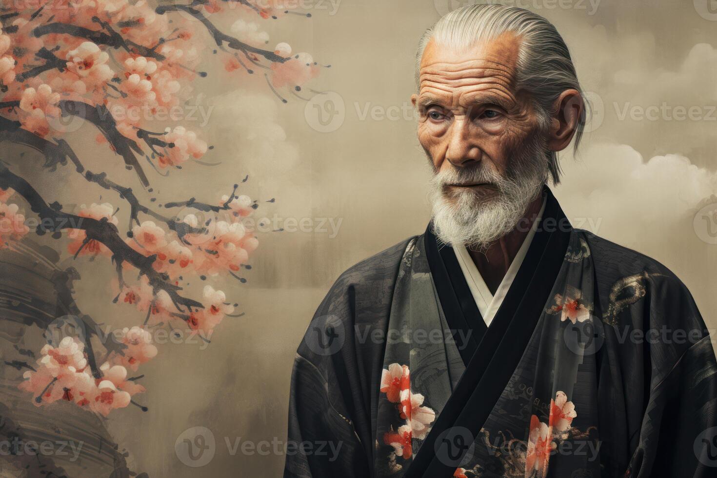 ai genererad värdig gammal man japansk kimono. generera ai foto