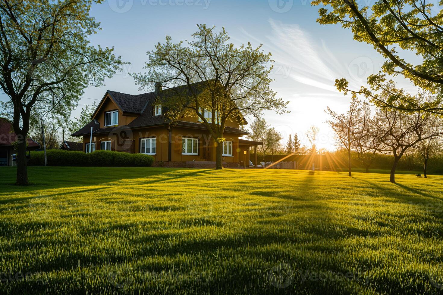 ai genererad skön sommar landskap med grön äng och hus på solnedgång. foto