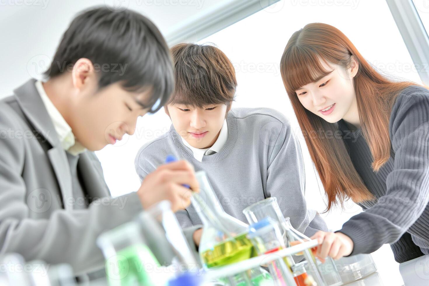 ai genererad asiatisk hög skola studenter är ledande experiment i laboratorium. foto