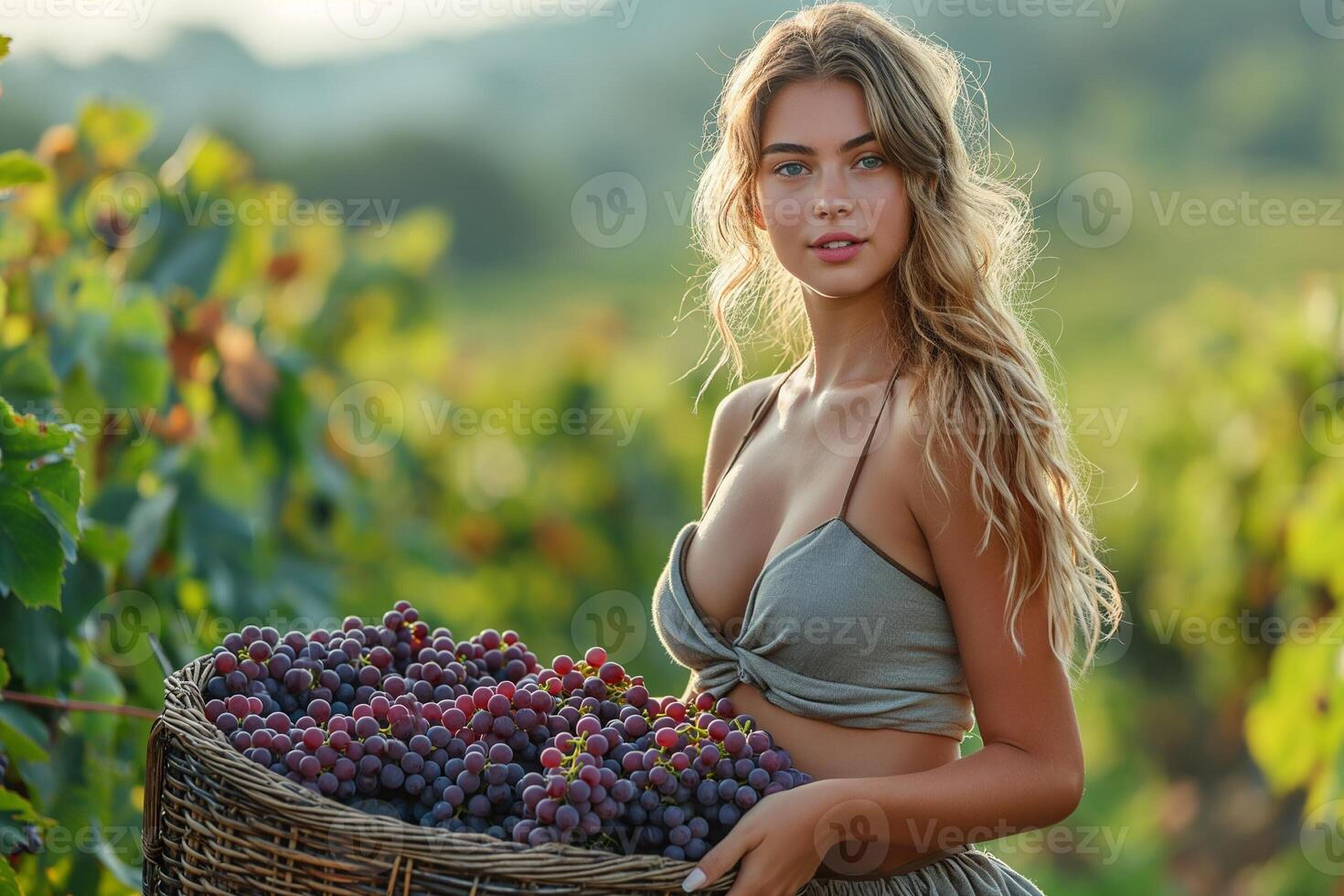ai genererad en kvinna i en lång ljus kjol och kort topp i en vingård samlar vindruvor i en korg foto