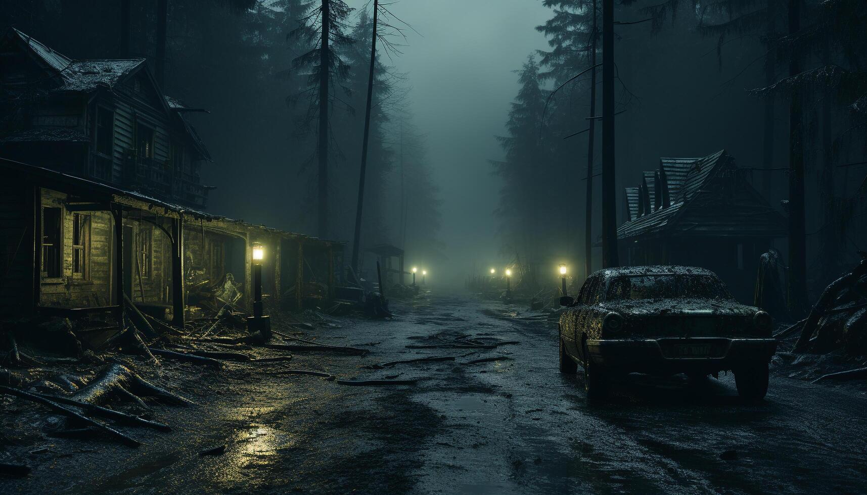 ai genererad en läskigt gammal skog, mörk och dimmig, innehar natur mysterium genererad förbi ai foto