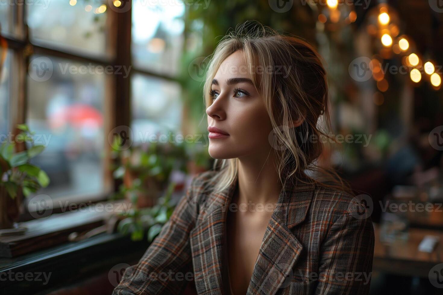 ai genererad porträtt av en ung blond kvinna har lunch i en restaurang foto