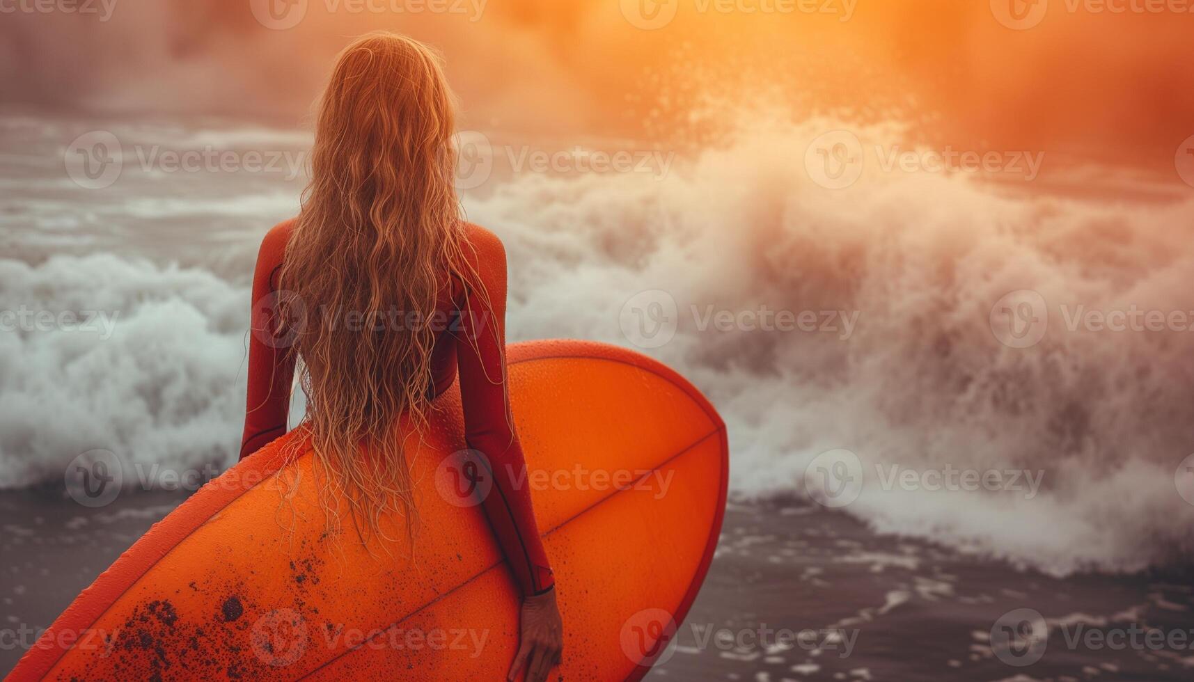 ai genererad kvinna med surfingbräda på strand Strand foto
