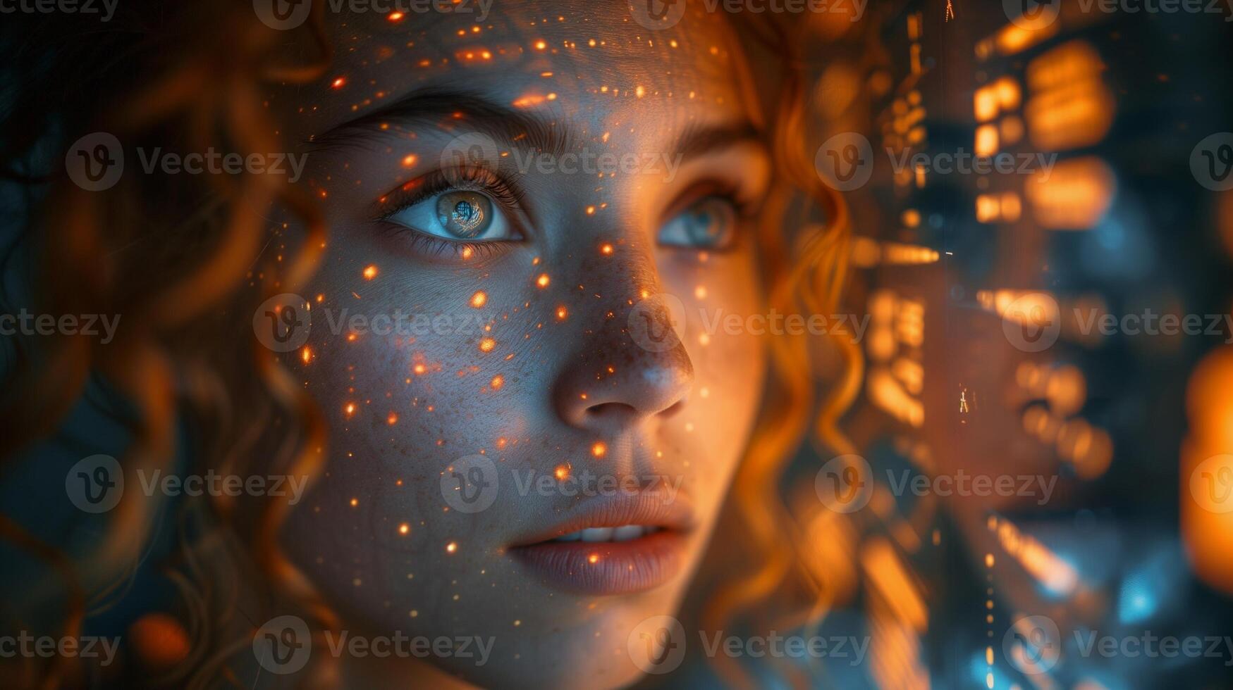 ai genererad framtida samspel kvinna med neuralt gränssnitt enhet utforskar säregenhet foto