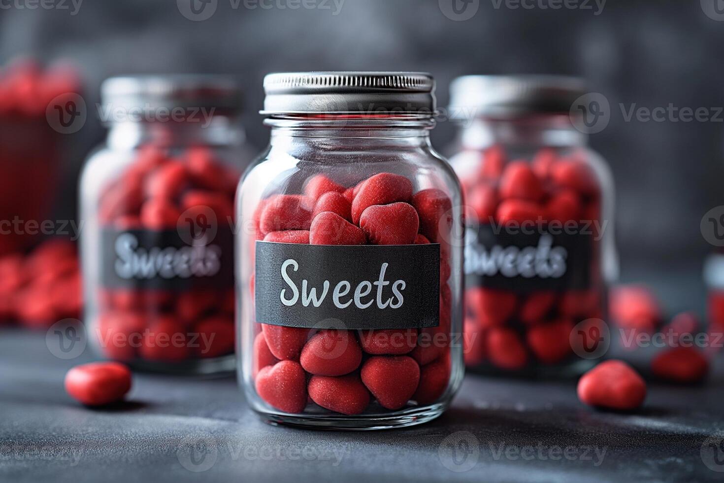 ai genererad flaskor med text sötsaker med godis inuti, valentines dag tema foto