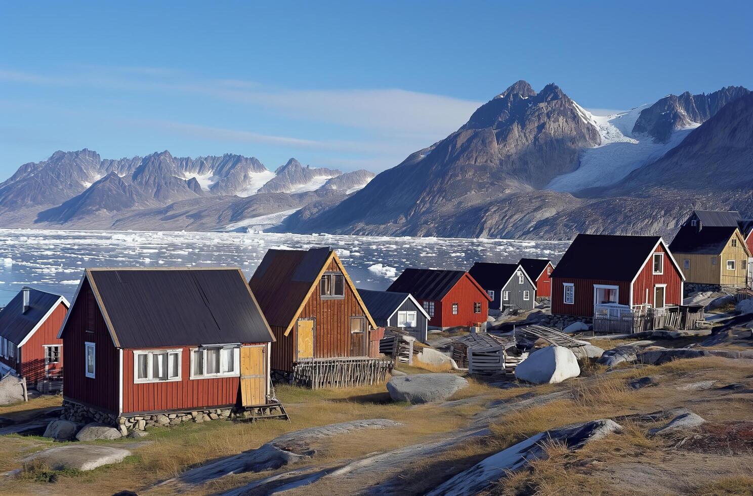ai genererad grönländska by förbi isig fjord foto