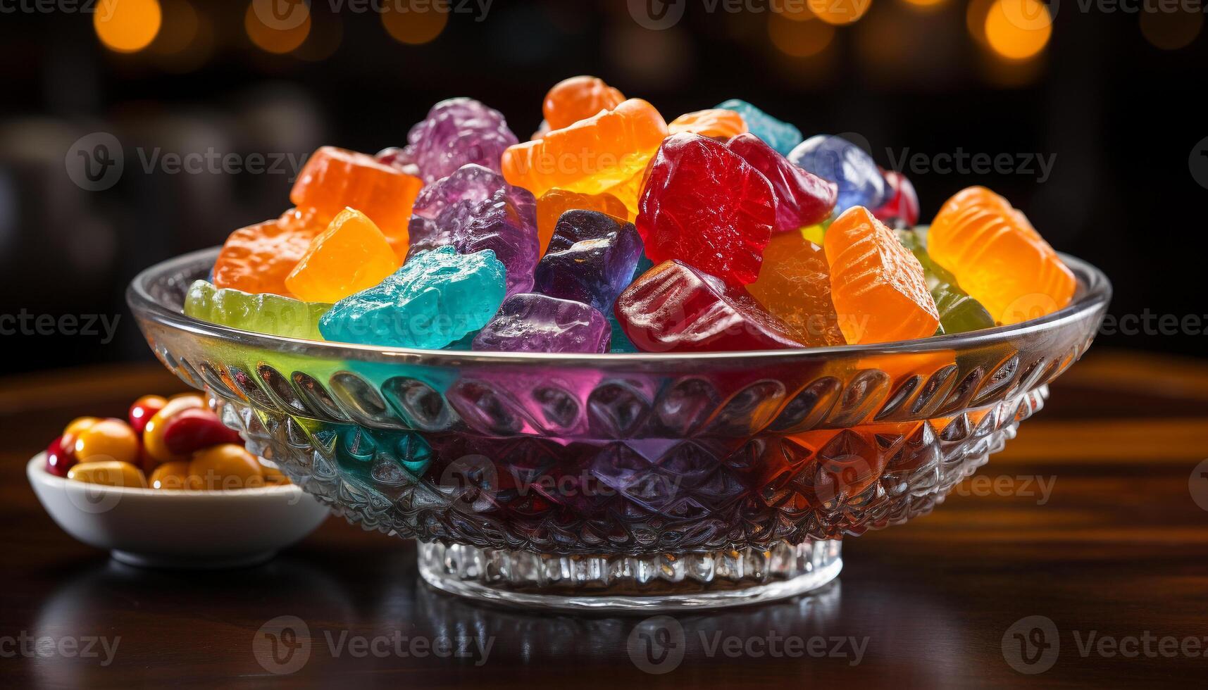 ai genererad gourmet efterrätt skål med färsk frukt, godis, och vibrerande färger genererad förbi ai foto