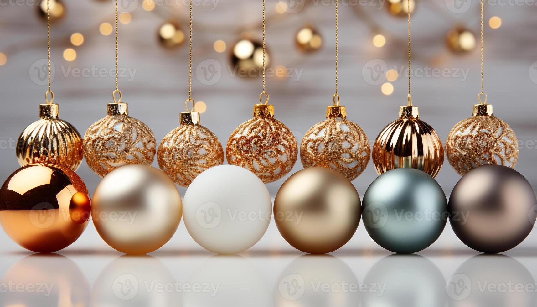 ai genererad jul ornament hängande i en rad, föra glädje och firande genererad förbi ai foto