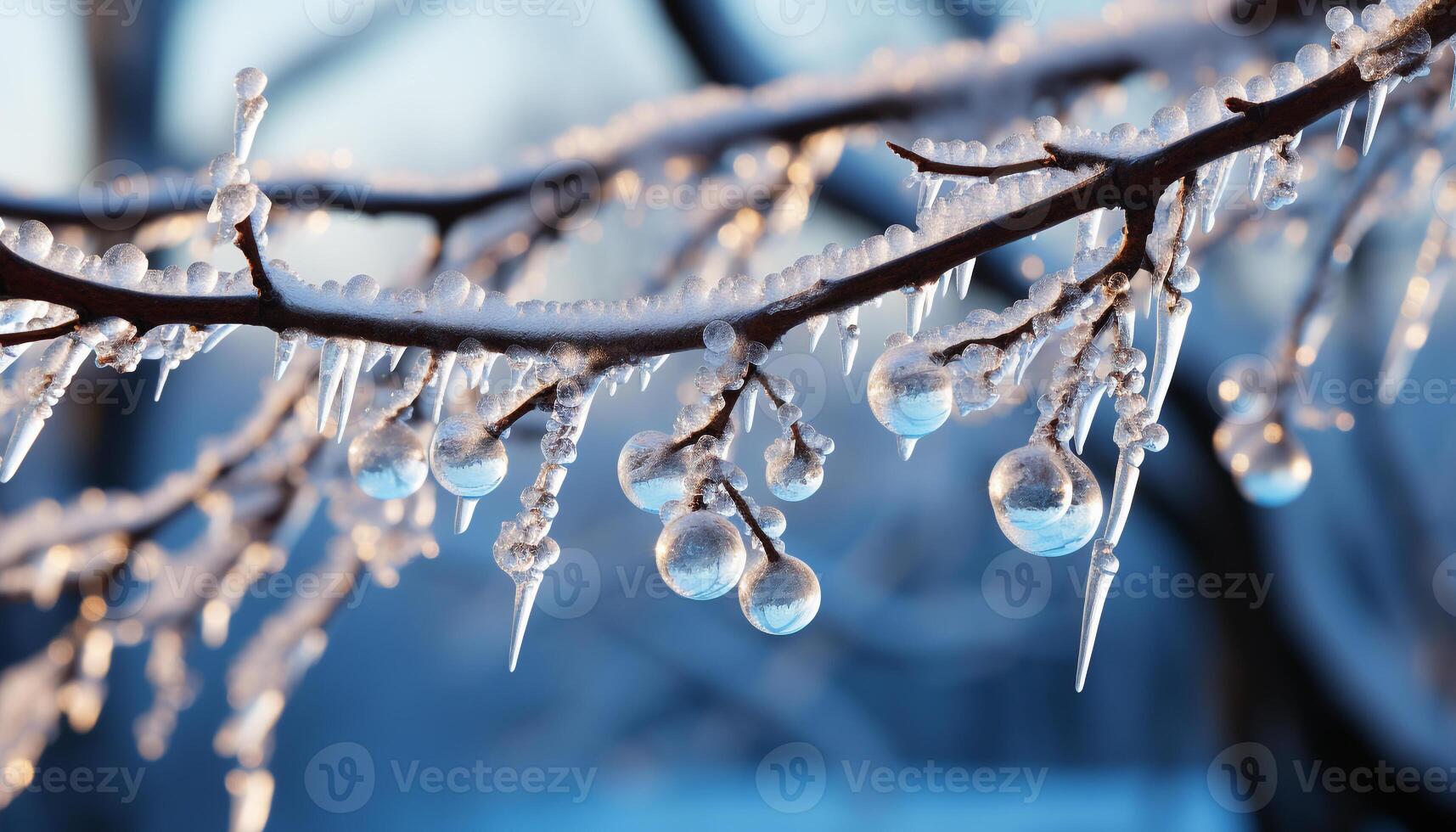 ai genererad friskhet av vinter- isig grenar, transparent droppar, natur skönhet genererad förbi ai foto