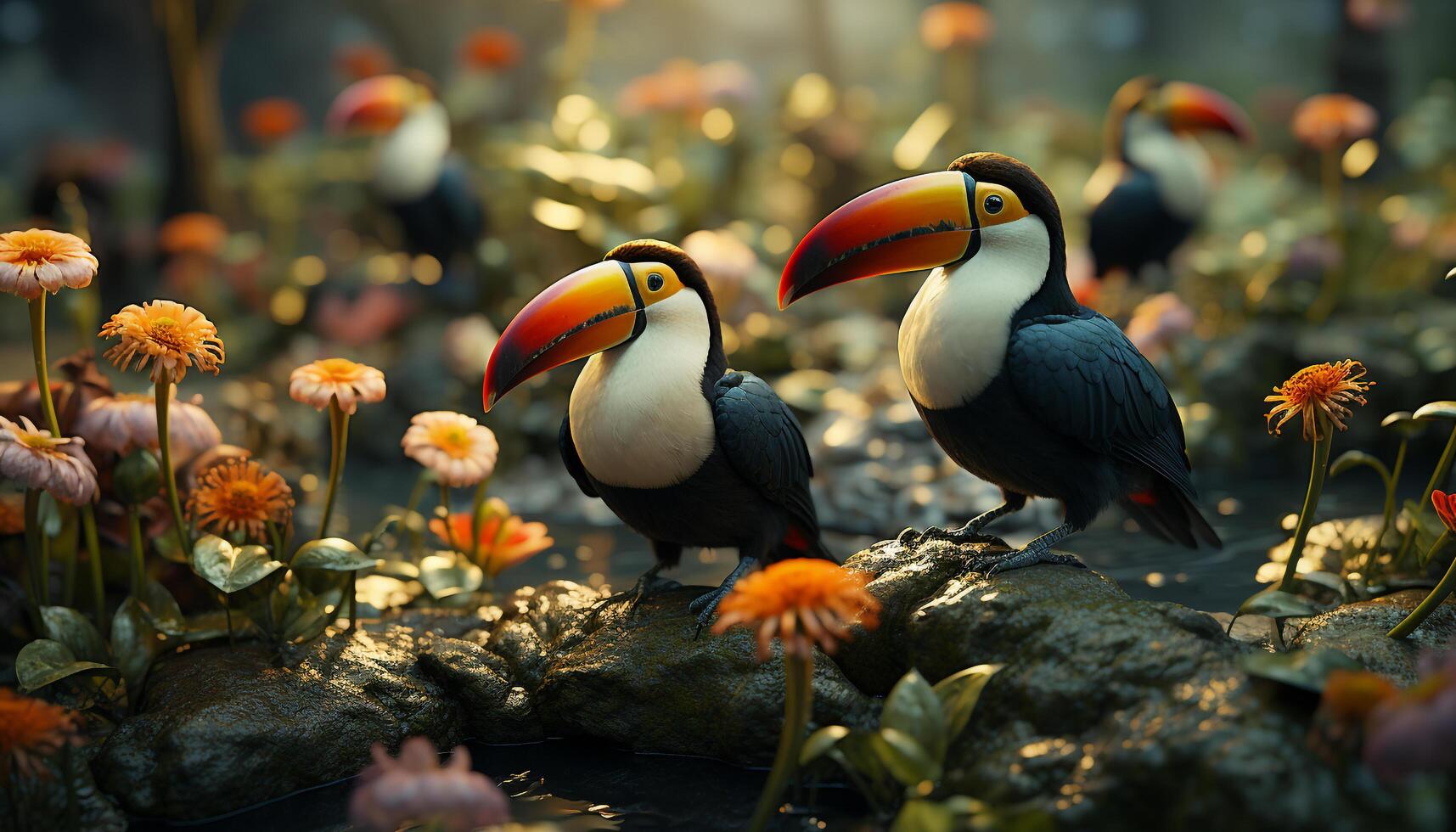 ai genererad vibrerande toucan perching på gren, visa upp natur färgrik skönhet genererad förbi ai foto
