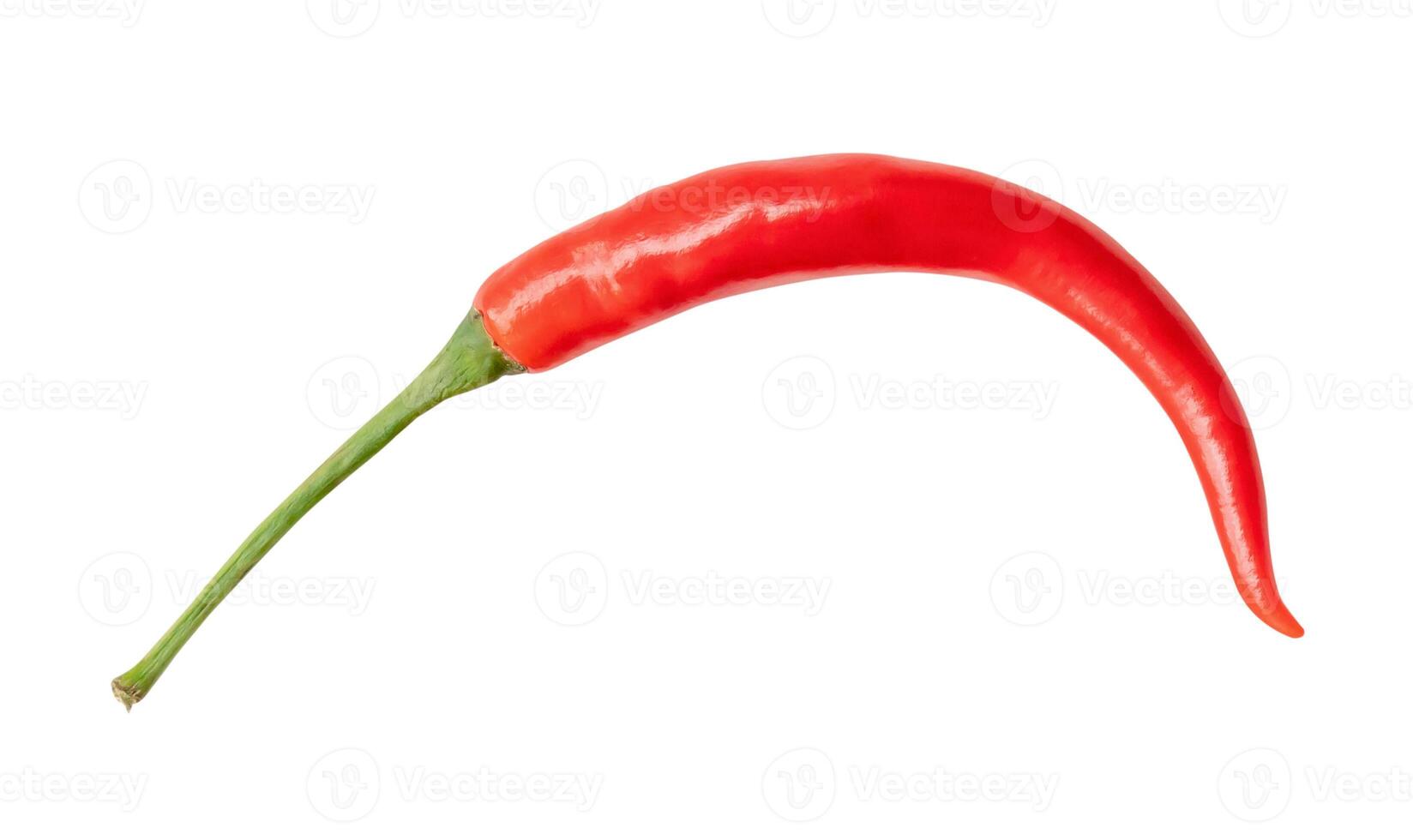 topp se av enda böjd färsk röd chili peppar isolerat på vit bakgrund med klippning väg foto